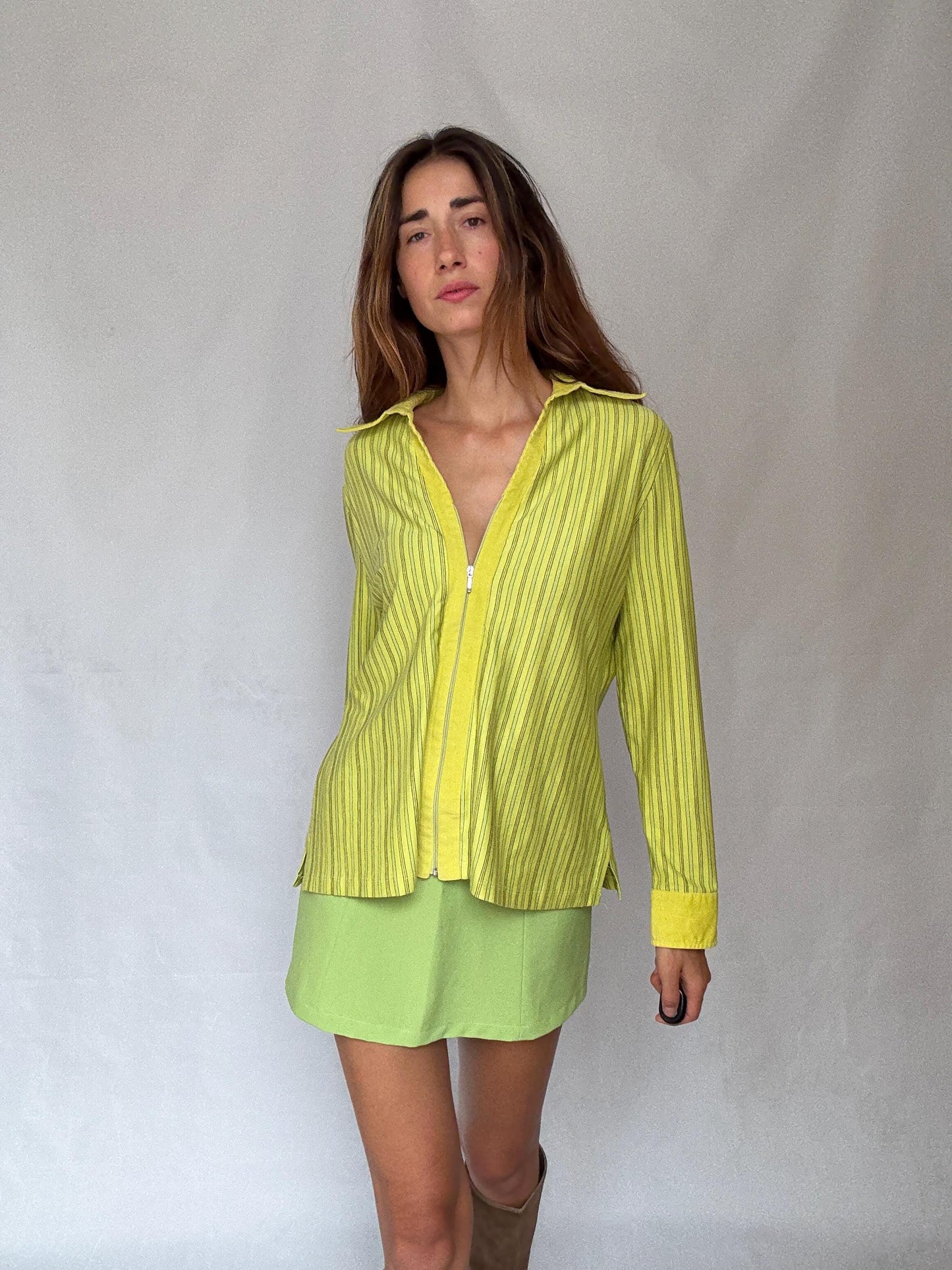 Y2K Lime Zip Shirt | Vintage Green Striped Zip-Up Blouse | 2000s Paris Hilton Meets Indie Sleaze Energy