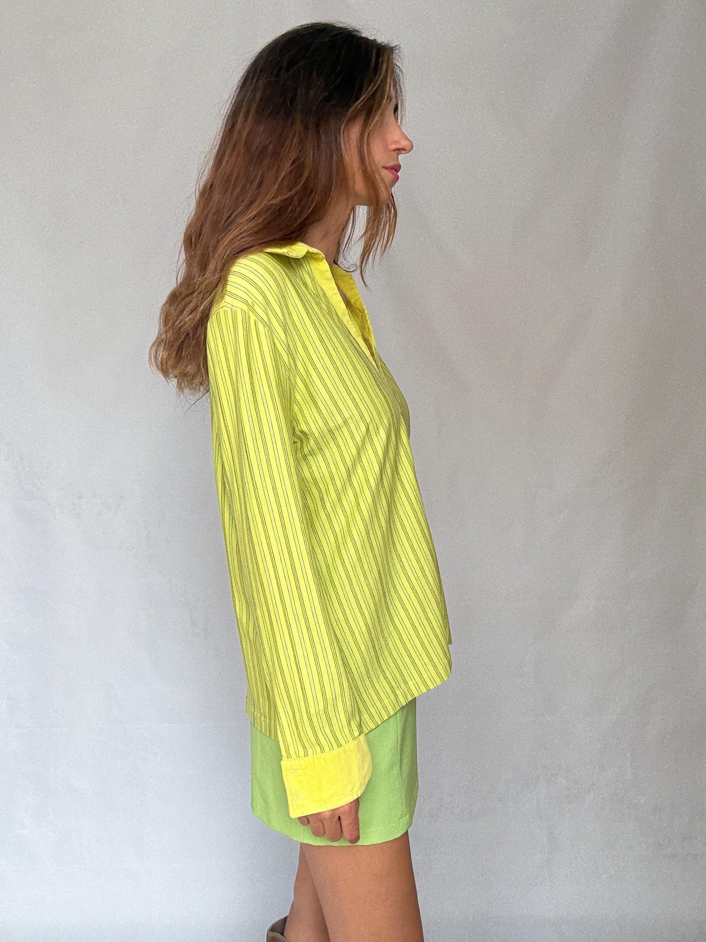 Y2K Lime Zip Shirt | Vintage Green Striped Zip-Up Blouse | 2000s Paris Hilton Meets Indie Sleaze Energy