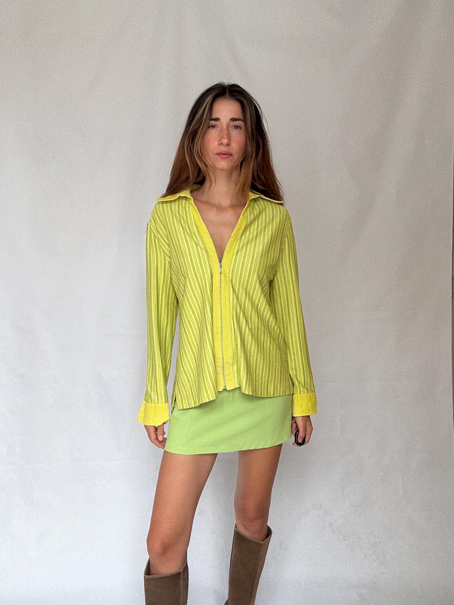 Y2K Lime Zip Shirt | Vintage Green Striped Zip-Up Blouse | 2000s Paris Hilton Meets Indie Sleaze Energy