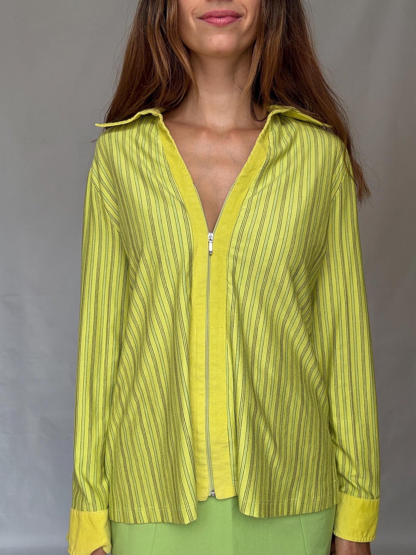 Y2K Lime Zip Shirt | Vintage Green Striped Zip-Up Blouse | 2000s Paris Hilton Meets Indie Sleaze Energy