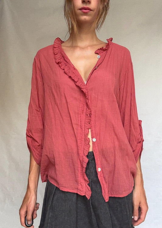 Burgundy Ruffled Cotton Blouse — detail