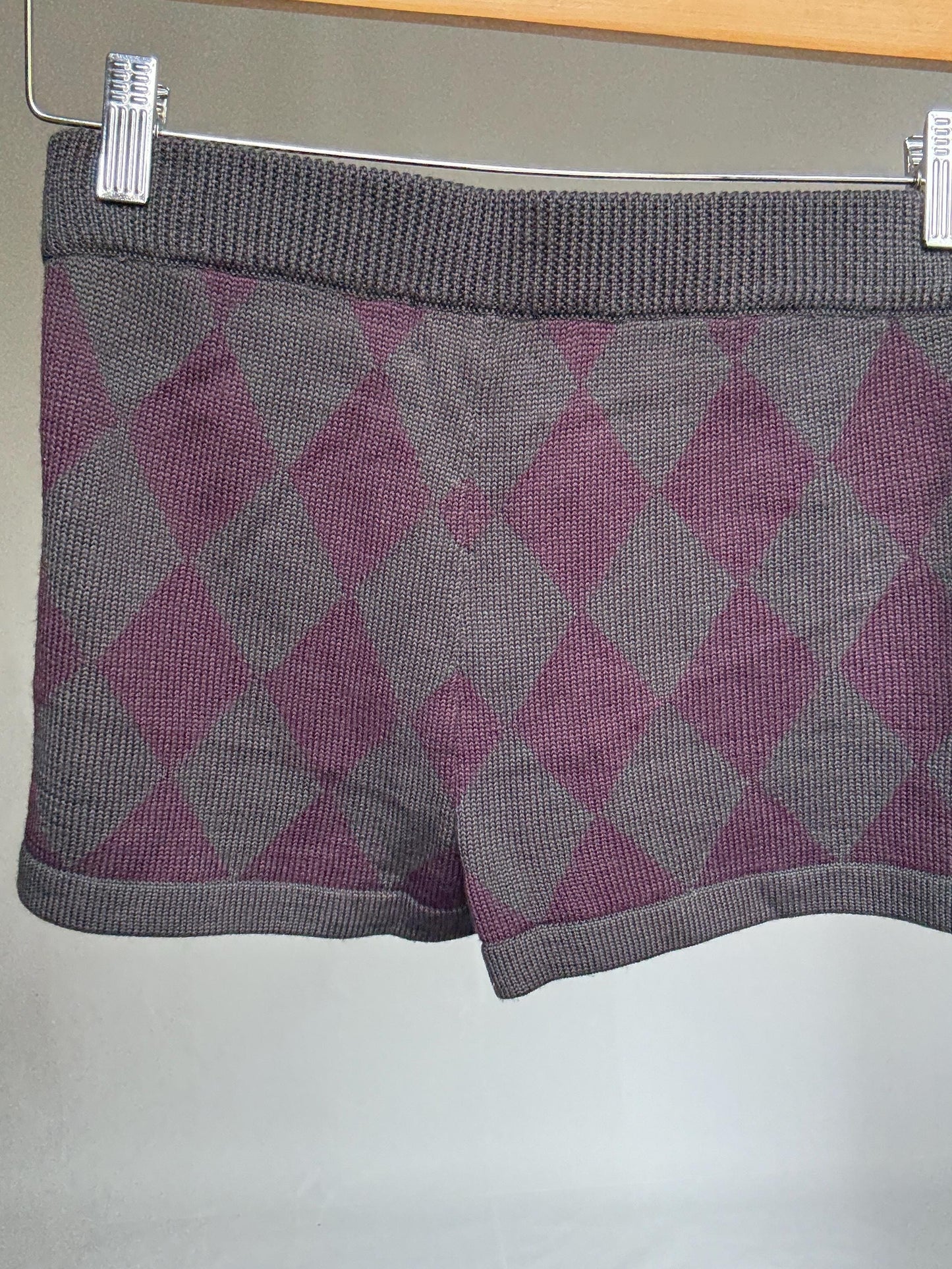 Purple Argyle Knit Shorts – Wool Blend Cozy Cottagecore Bottoms, Size M UK10 US6, New with Tags, Y2K Preppy Vibe