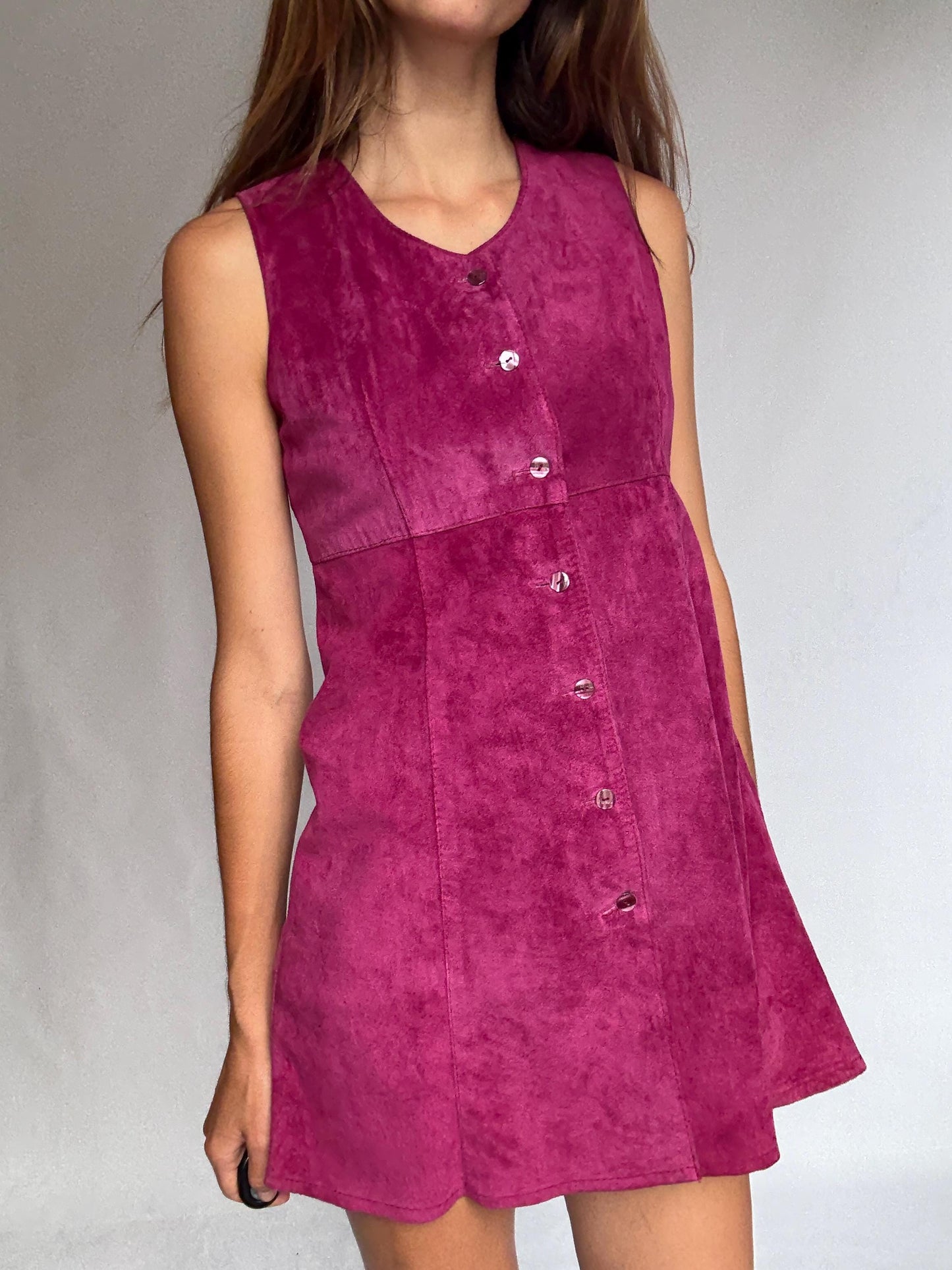 70s genuine leather mini dress, Vintage Magenta Suede Real Leather 90s Sleeveless Button Front Shift, Size S, Festival Retro look