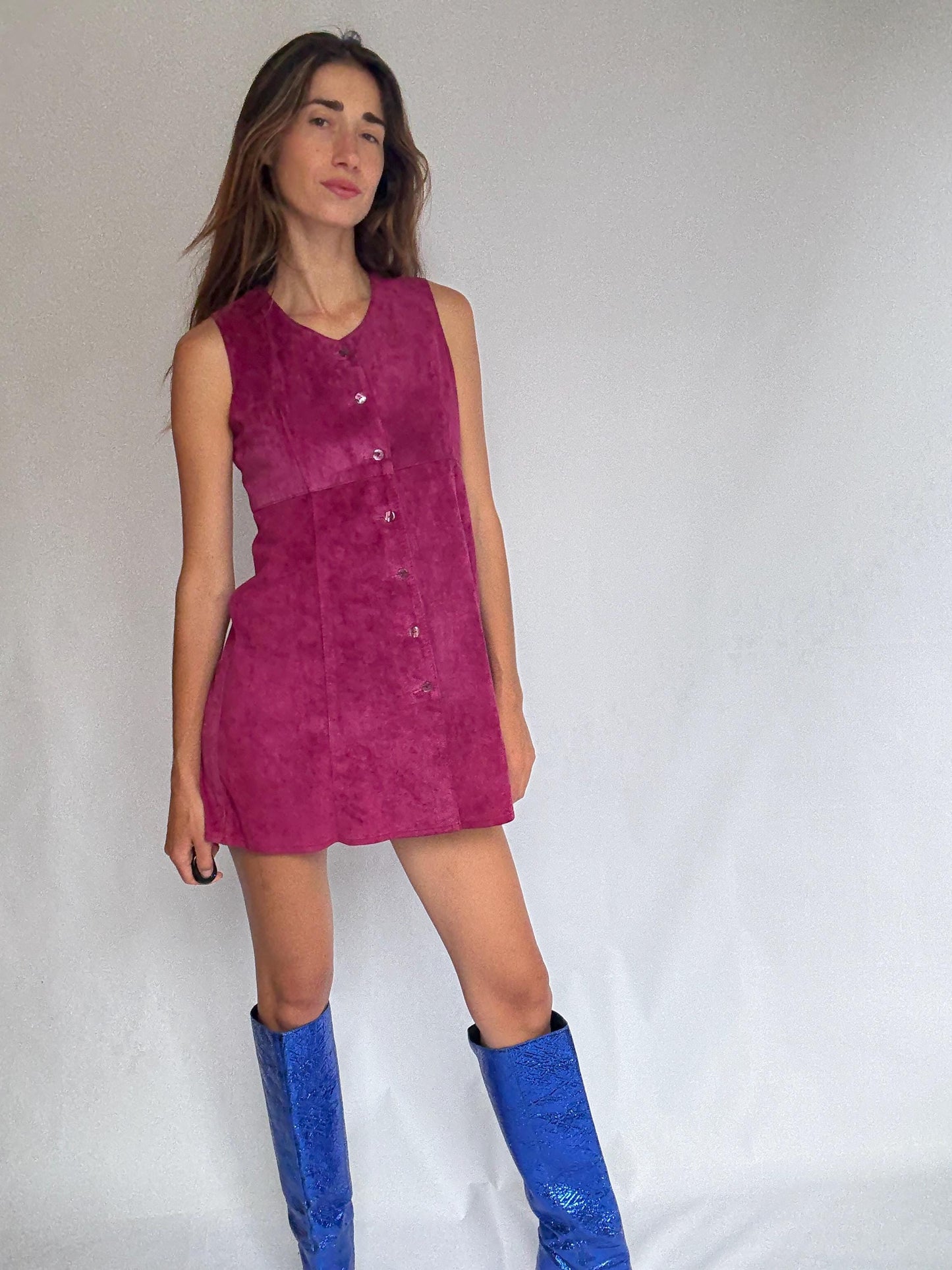 70s genuine leather mini dress, Vintage Magenta Suede Real Leather 90s Sleeveless Button Front Shift, Size S, Festival Retro look