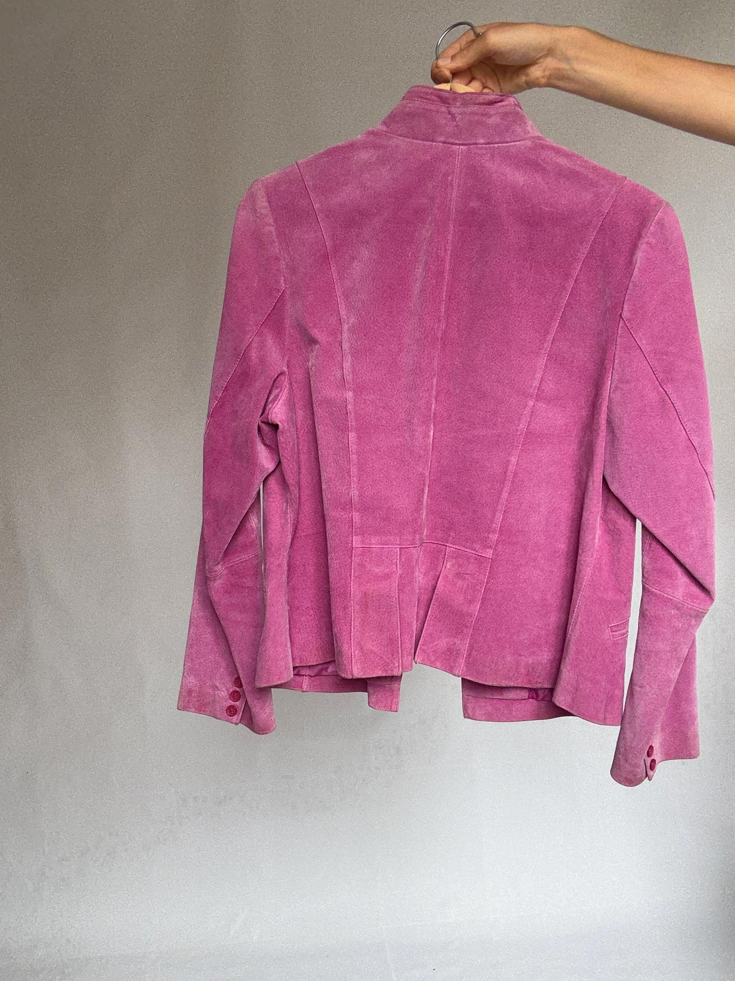 Vintage Pink Suede Jacket – Real Leather 90s Blazer Style with Mandarin Collar, Size L, Soft Retro Festival Statement Piece