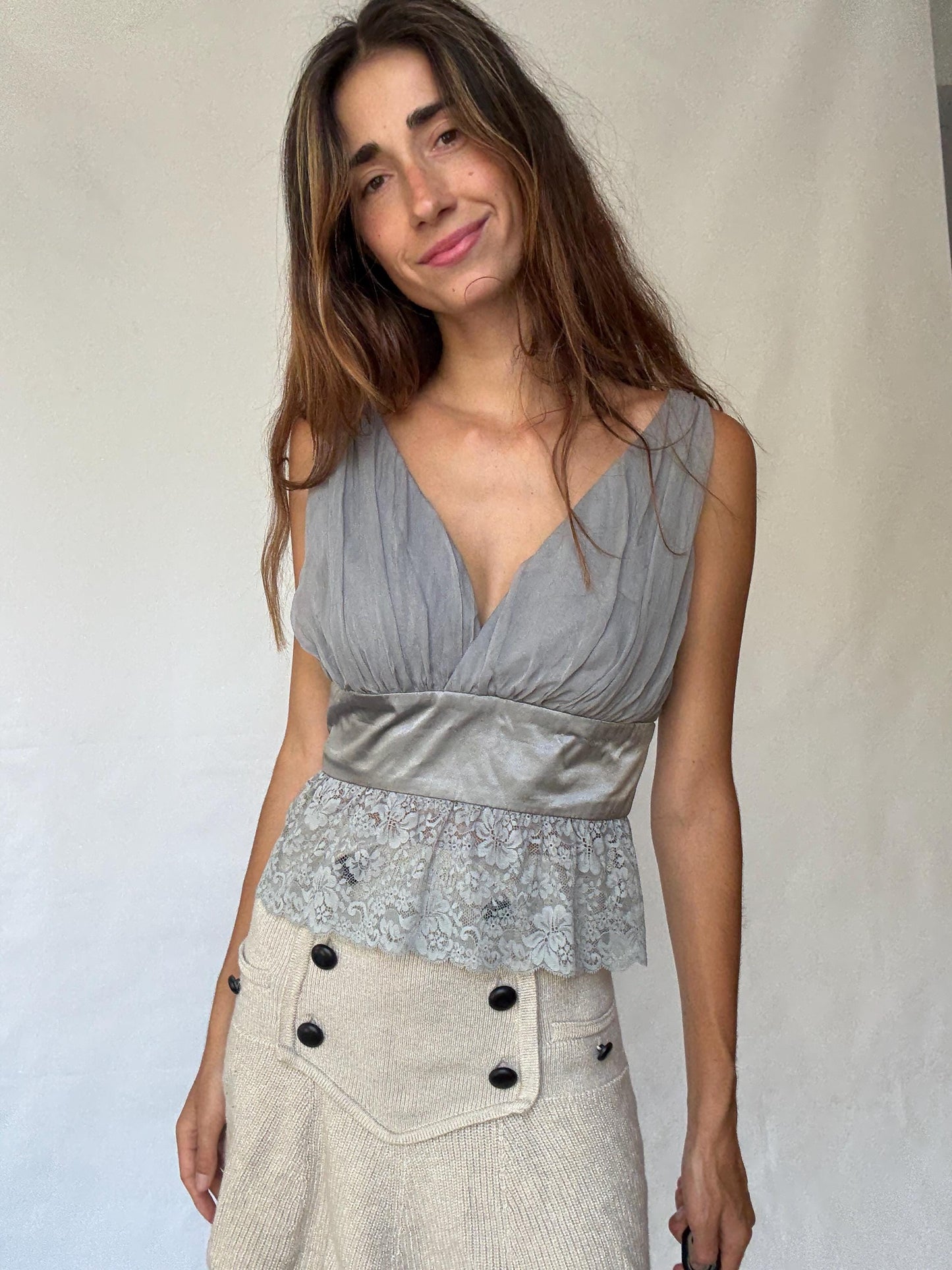 90s vintage Limited Edition Zuhair Murad for MNG Grey Silk Lace Camisole, Size M - L
