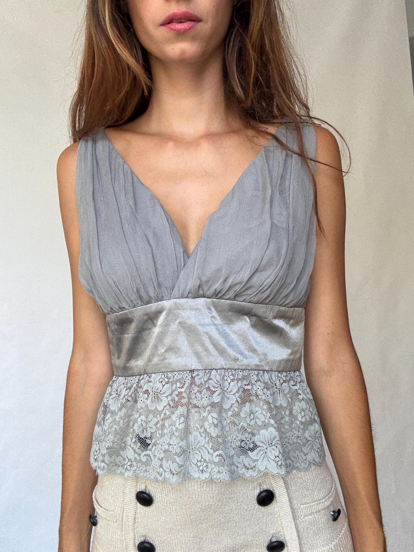 90s vintage Limited Edition Zuhair Murad for MNG Grey Silk Lace Camisole, Size M - L