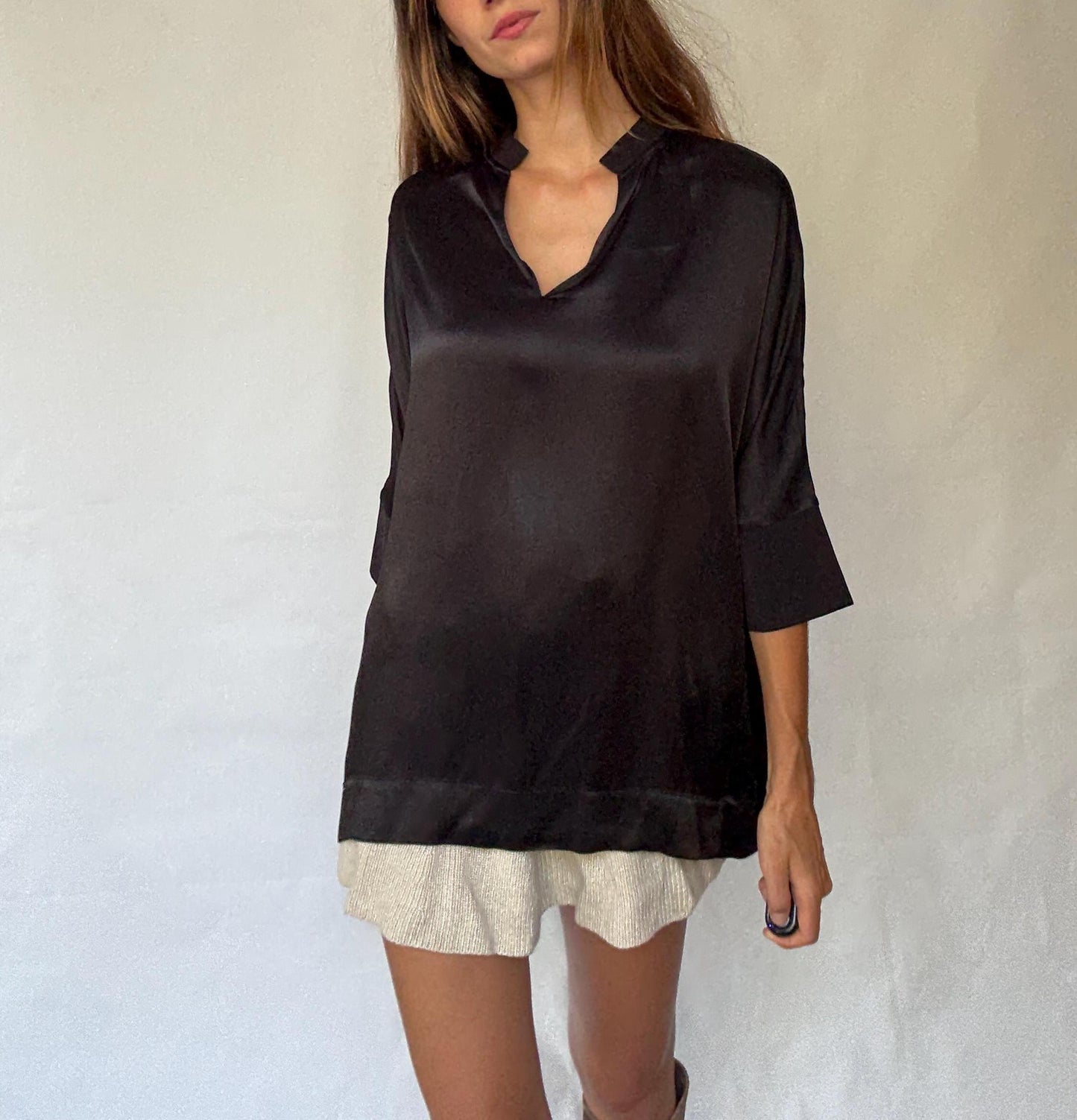 Adolfo Dominguez oversized satin black blouse with 3/4 sleeves, minimal neckline, modern size M
