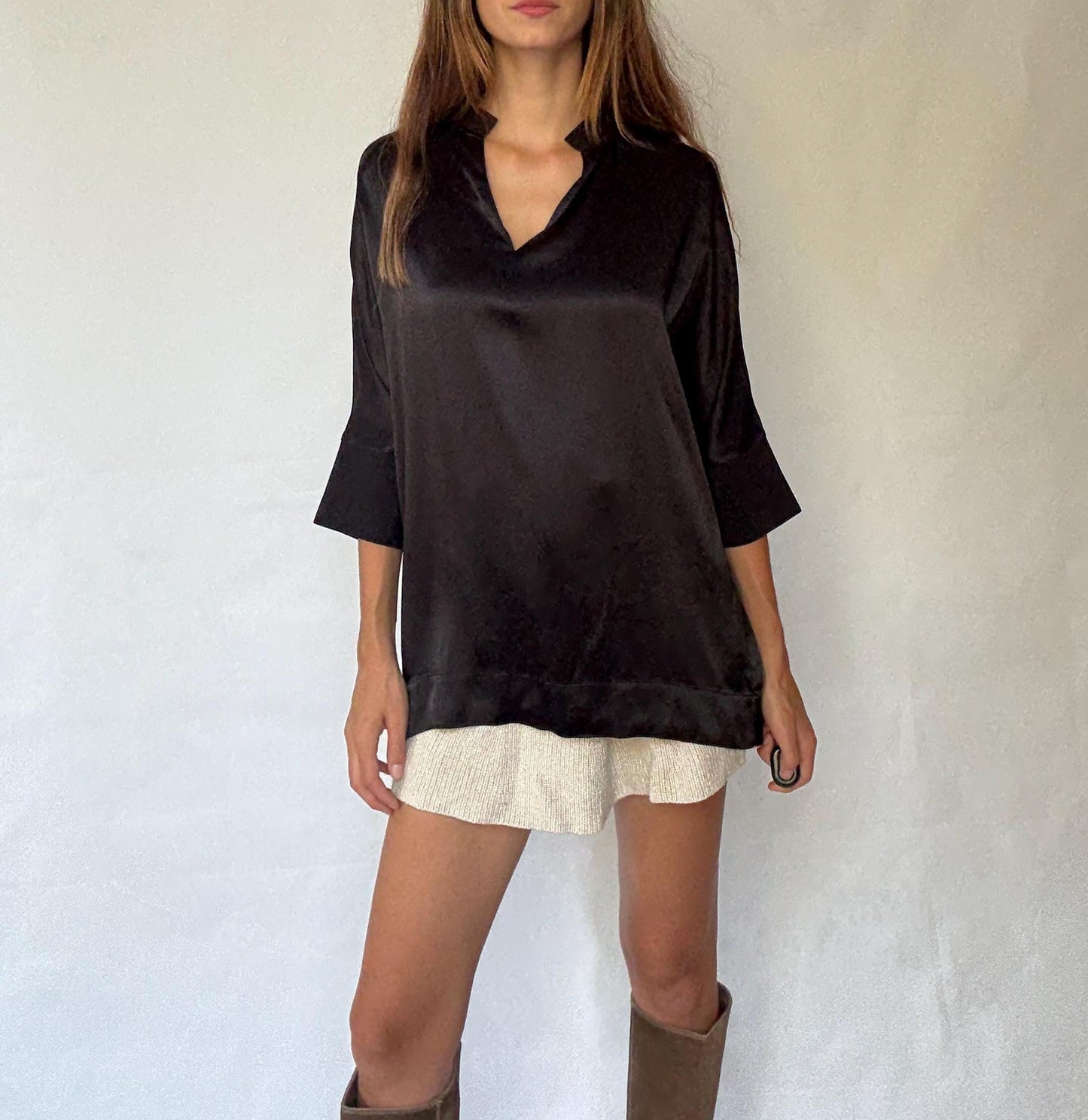Adolfo Dominguez oversized satin black blouse with 3/4 sleeves, minimal neckline, modern size M