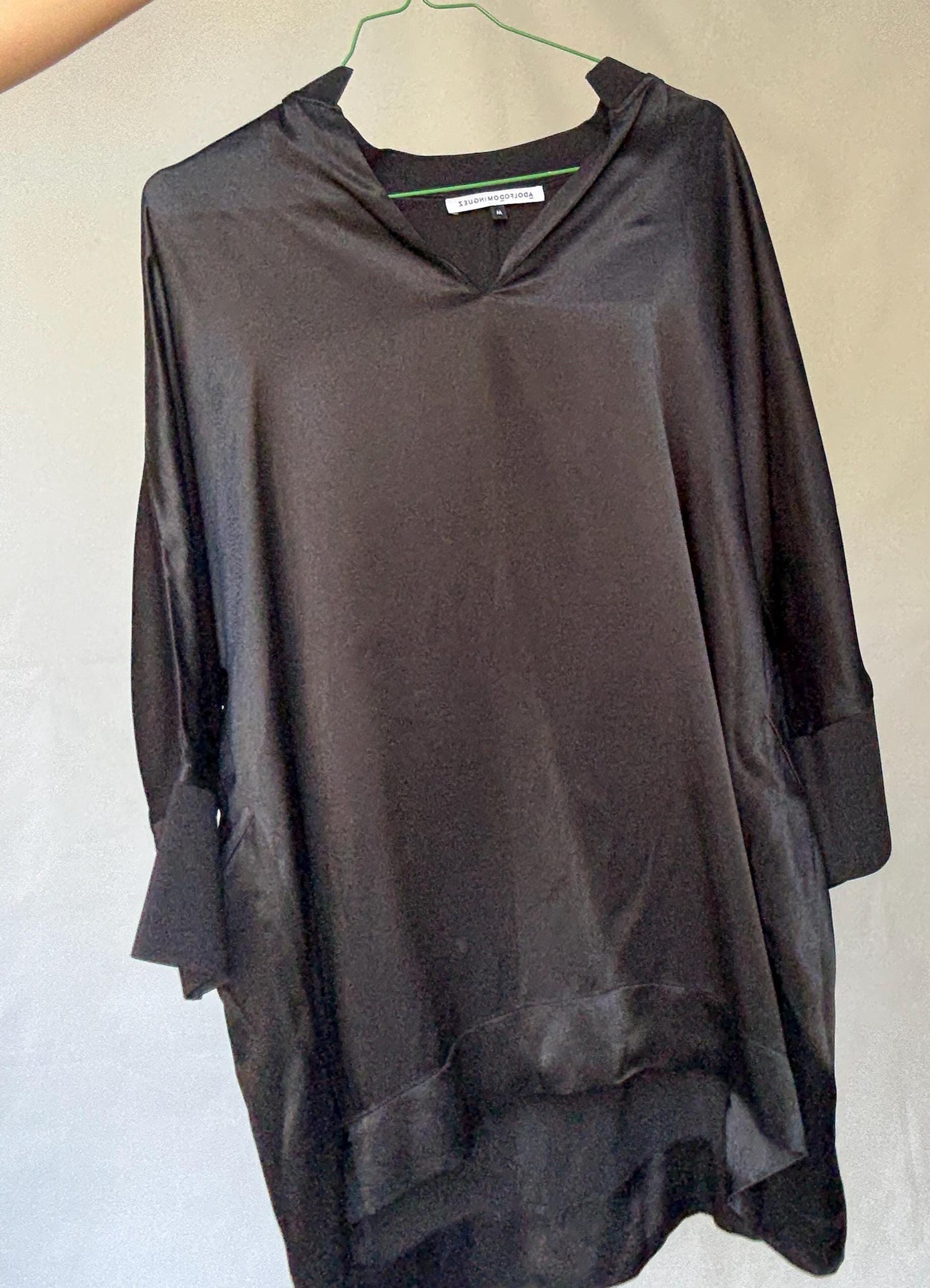Adolfo Dominguez oversized satin black blouse with 3/4 sleeves, minimal neckline, modern size M