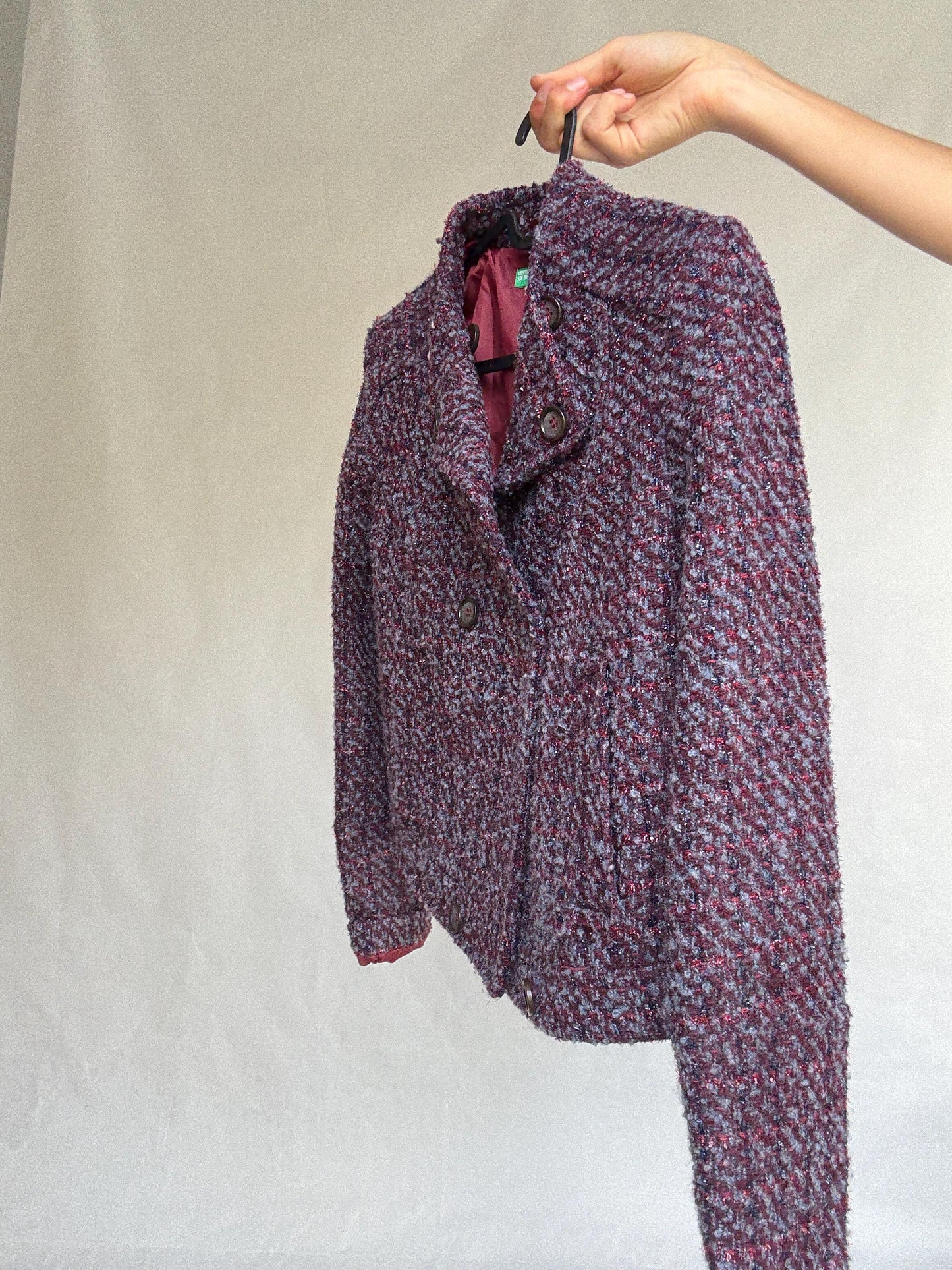 Benetton Tweed Style Cropped Jacket – Purple Shimmer Party Blazer, French Chic Emily in Paris Look, Size XS, Wool Blend