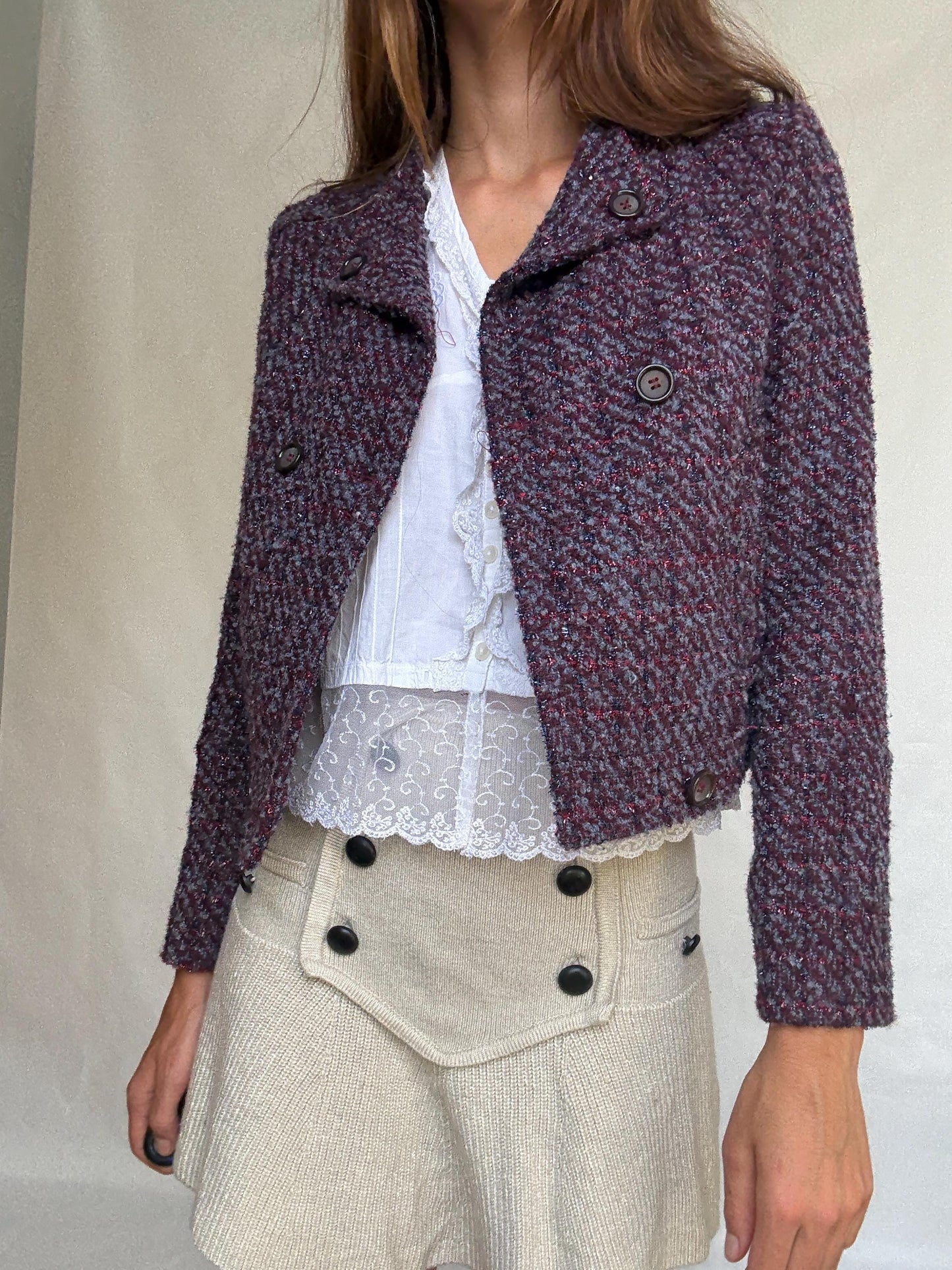 Benetton Tweed Style Cropped Jacket – Purple Shimmer Party Blazer, French Chic Emily in Paris Look, Size XS, Wool Blend