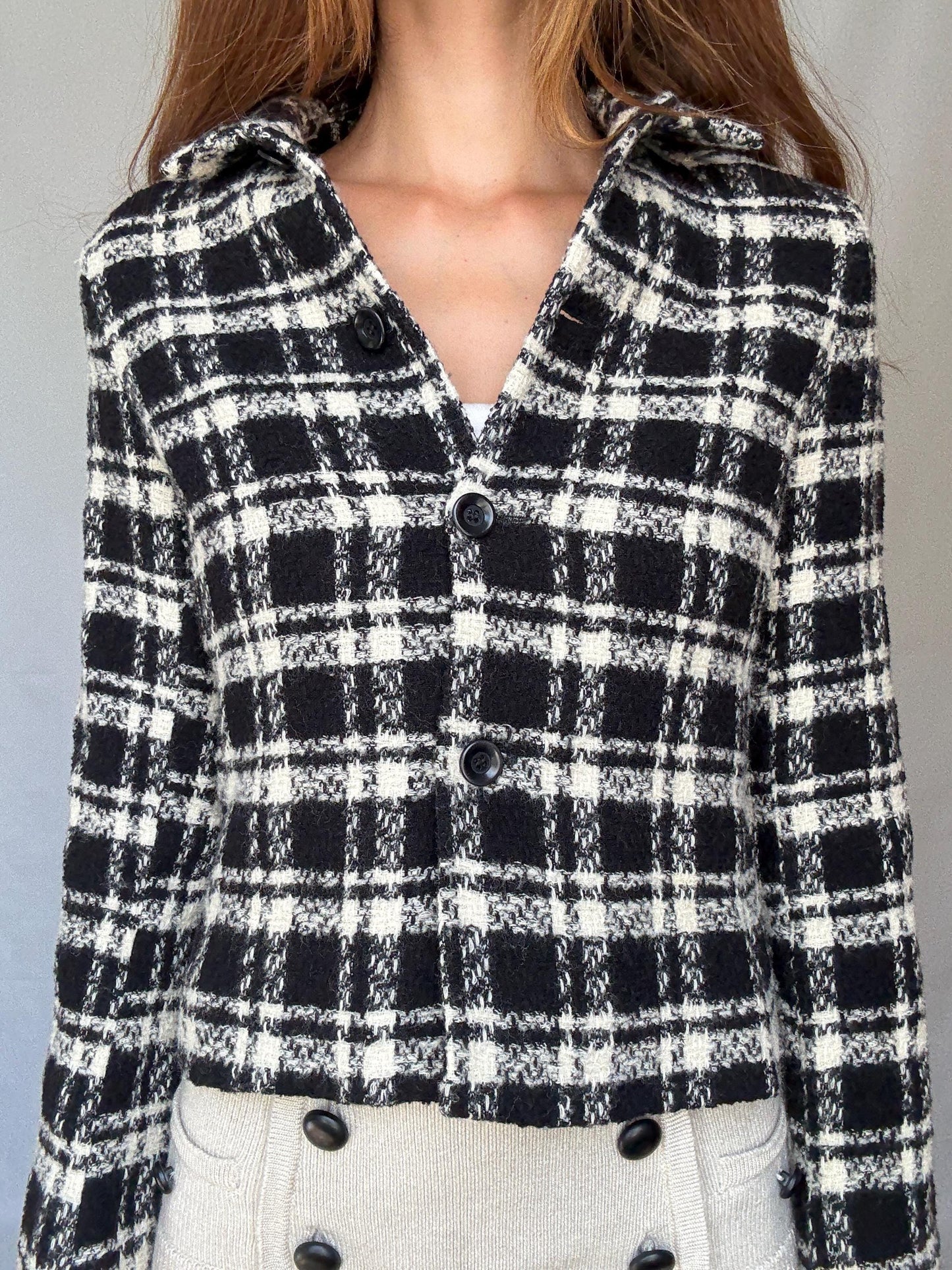 Wool Plaid Jacket – Black White Tweed Style Blazer – Vintage French Girl Aesthetic – Cropped Preppy Fall Coat – Size S