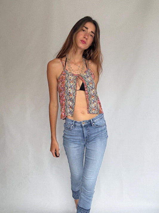 Ralph Lauren US 4 embroidered cropped jeans with lace hem, stretch fit in blue wash, boho Y2K preppy denim with zip & button closure