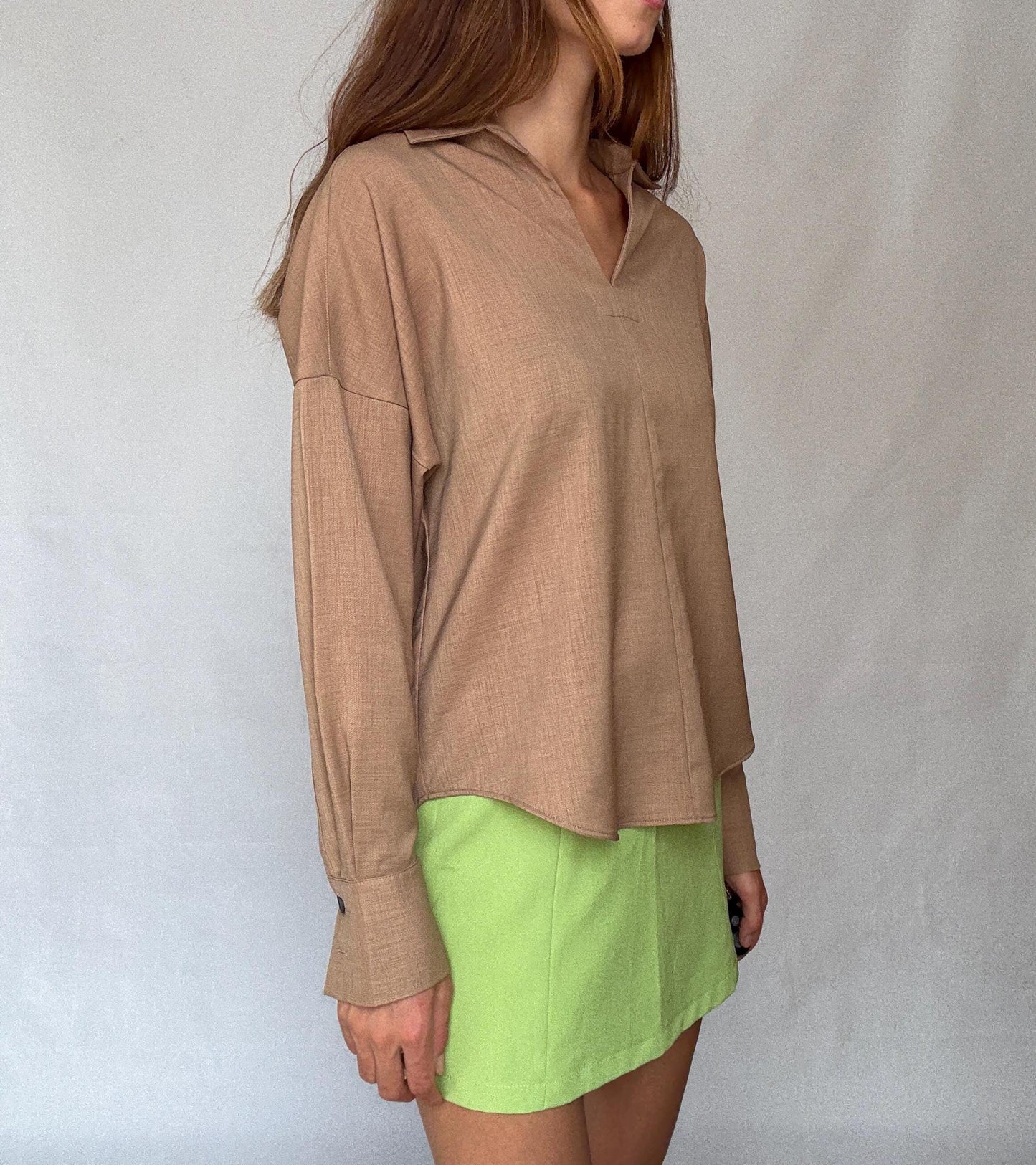 Adolfo Domínguez loose fit shirt in earthy tan light brown, oversized chic minimalist style, secondhand size M