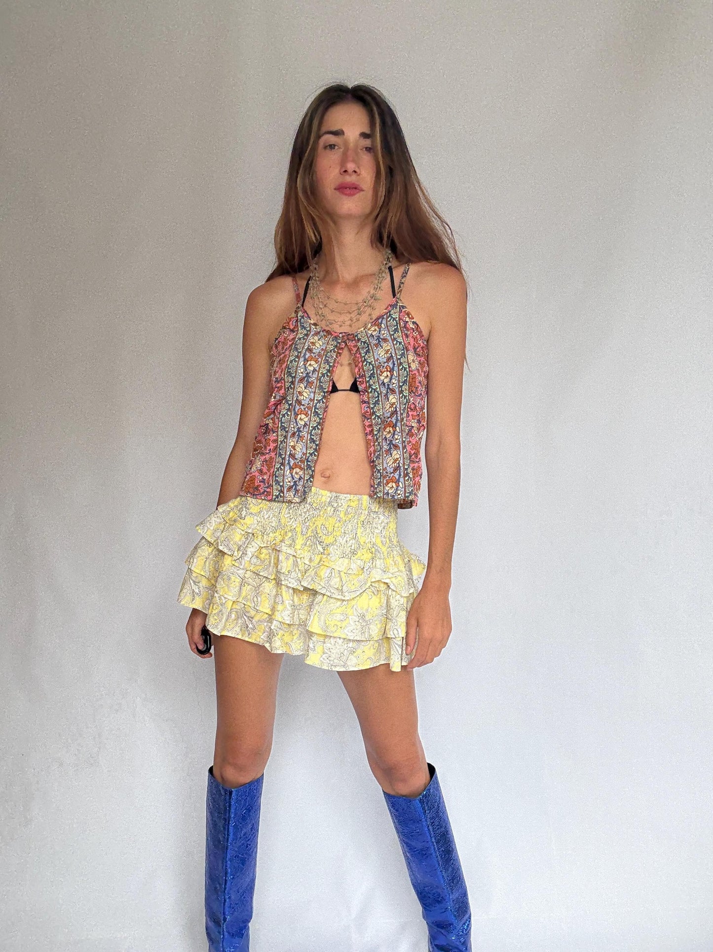 Y2K Ruffle Mini Skirt • Baby Yellow Paisley Print • Coquette Balletcore Summer Skirt XXS