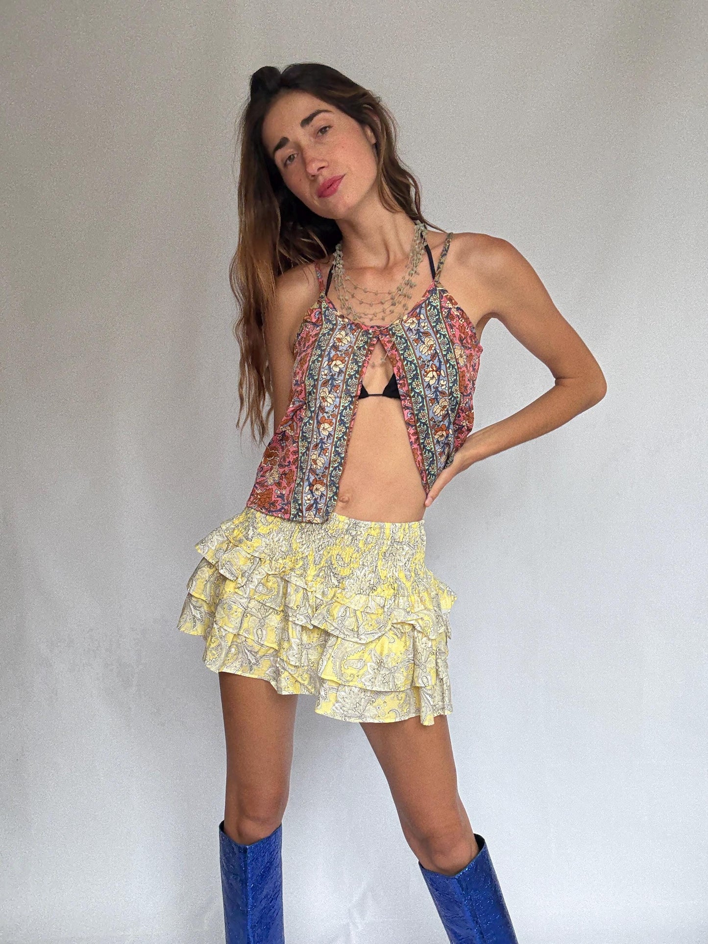 Y2K Ruffle Mini Skirt • Baby Yellow Paisley Print • Coquette Balletcore Summer Skirt XXS