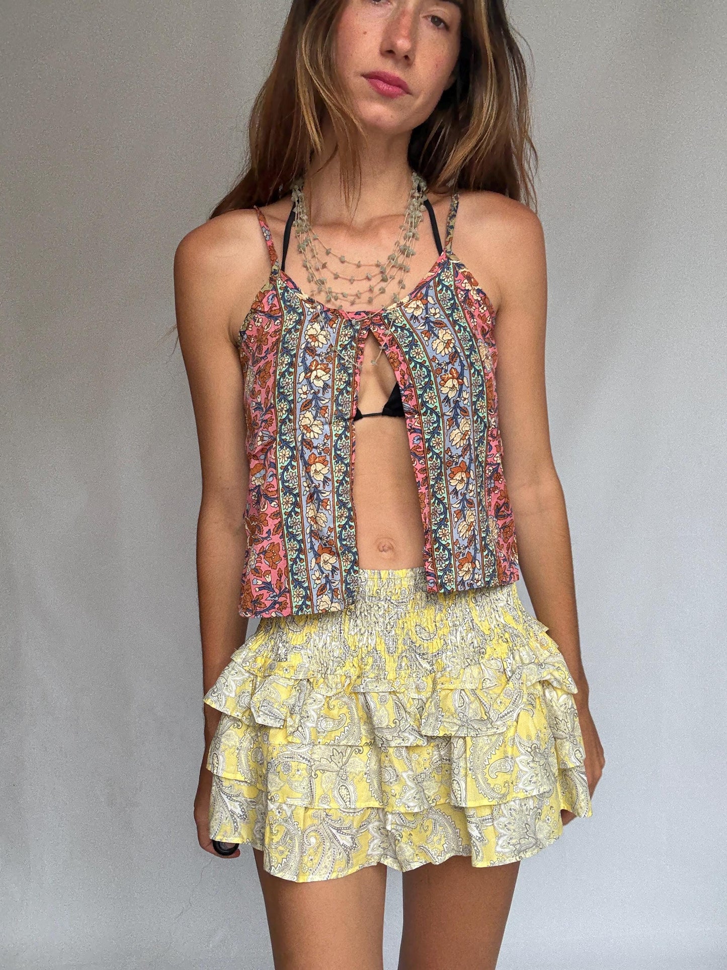 Yellow Ruffle Mini Skort – Y2K Festival Cotton Skirt w/ Shorts, Coquette Summer Fit, Suki Waterhouse Vibes, Thrifted Size S
