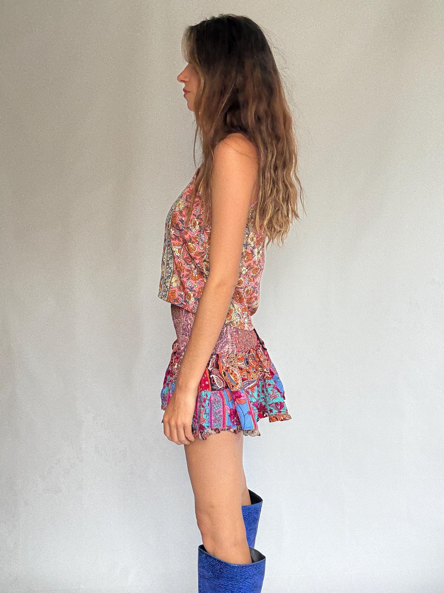 Boho Silk Ruffle Mini Skirt • Festival Girlcore • french european girl Style Size : XXS - XS