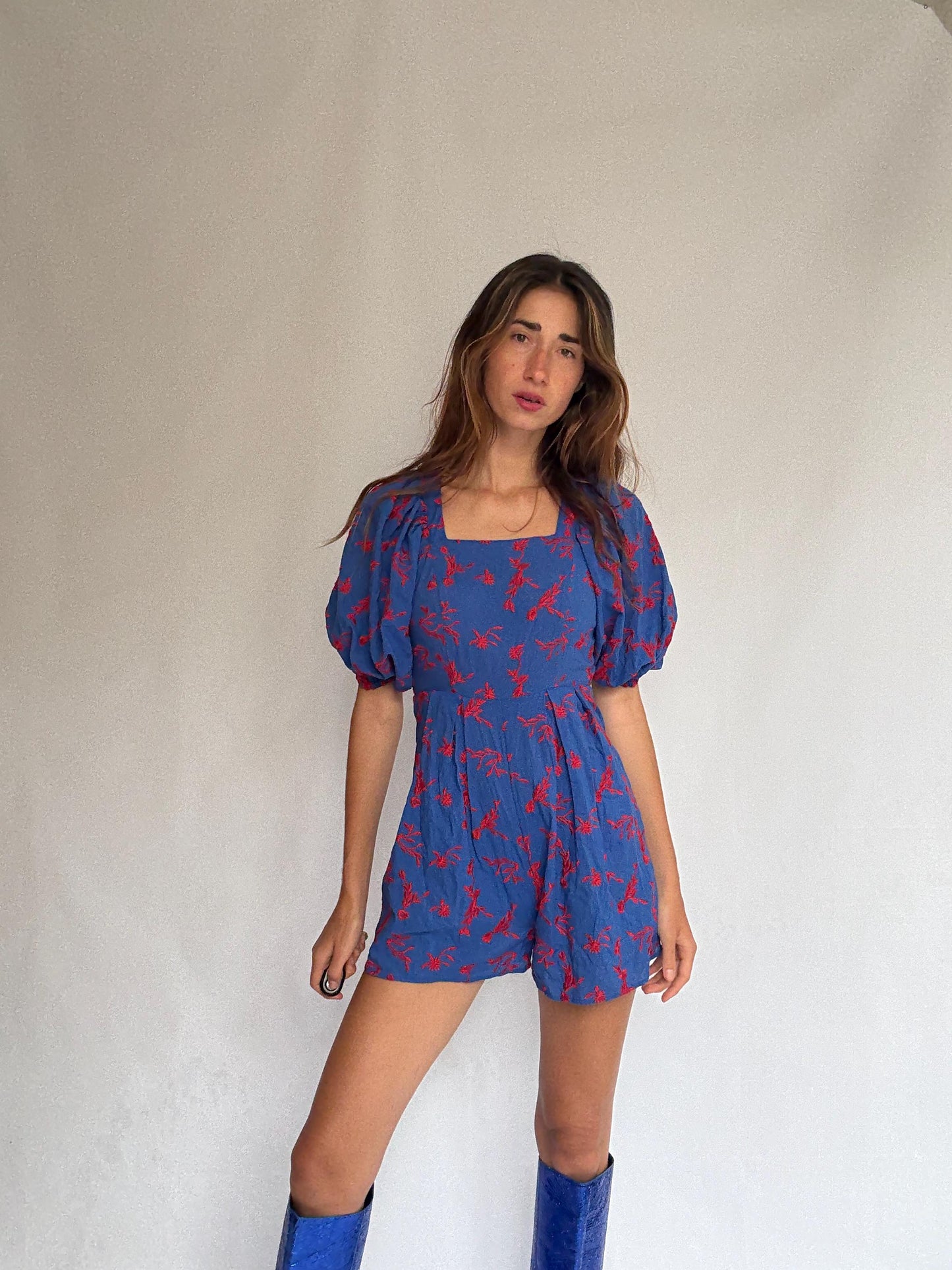 Blue Puff Sleeve Floral Jumpsuit • Backless ASOS Romper • Y2K Picnic Girl Summer Fit, Size S