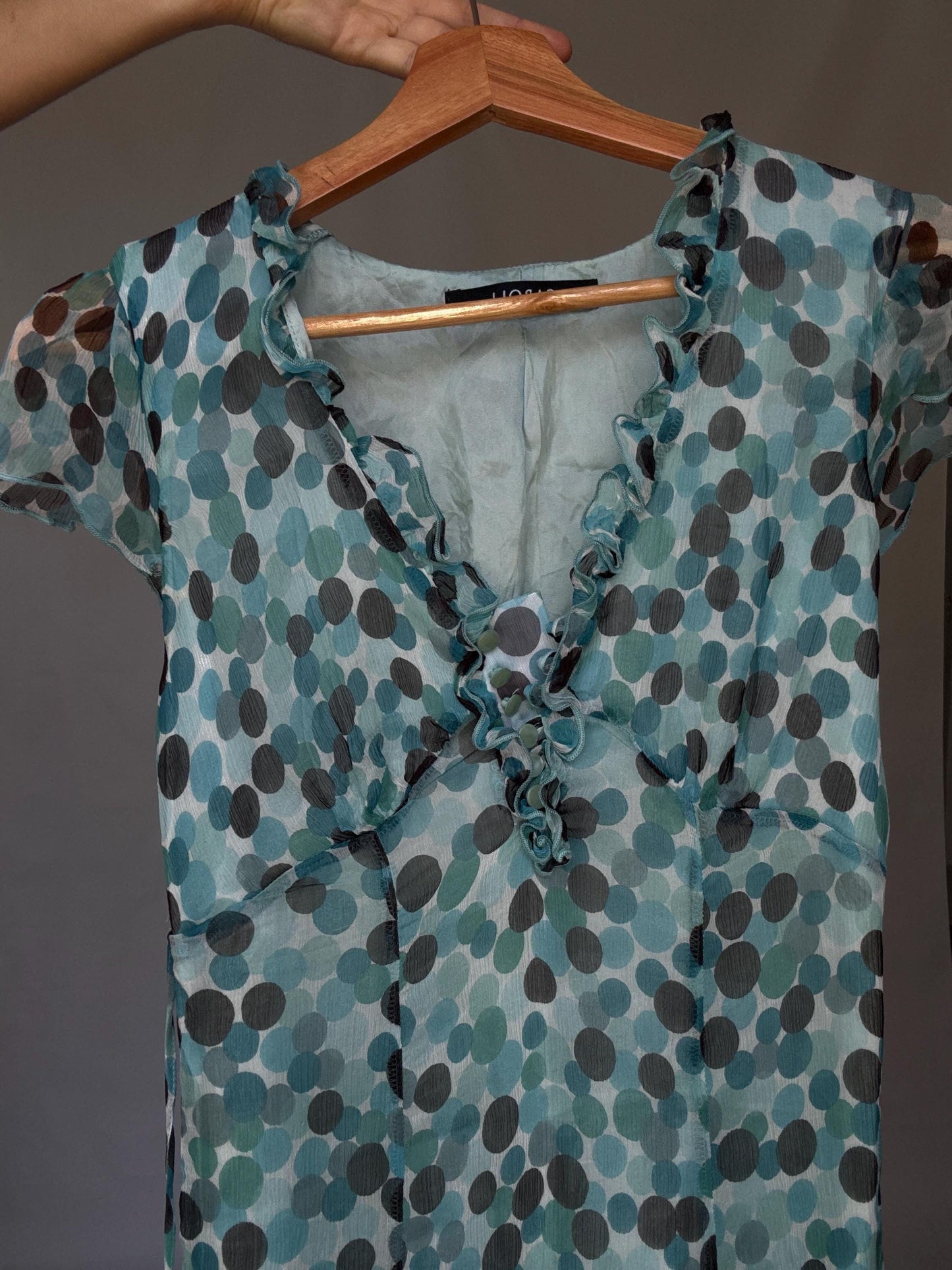 Caroll 100% silk polka dot ruffle neckline summer dress, lightweight blue grey dots, wedding guest outfit, size S