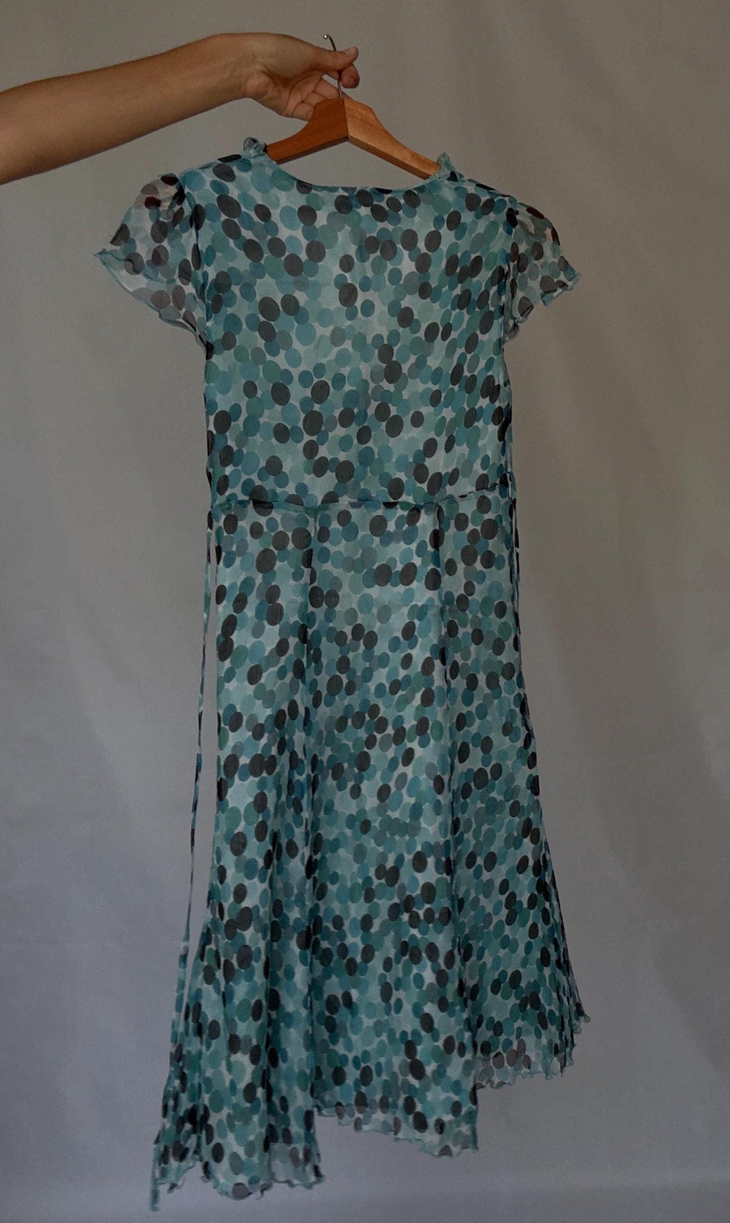 Caroll 100% silk polka dot ruffle neckline summer dress, lightweight blue grey dots, wedding guest outfit, size S