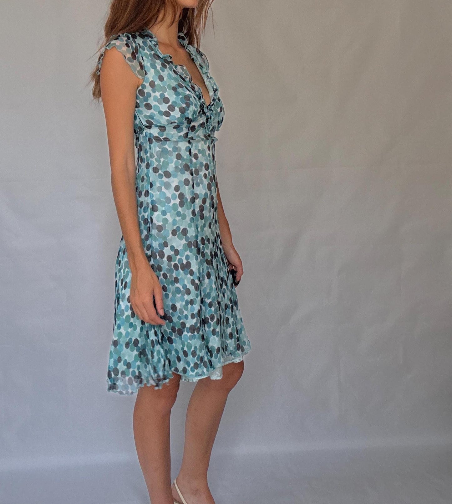 Caroll 100% silk polka dot ruffle neckline summer dress, lightweight blue grey dots, wedding guest outfit, size S