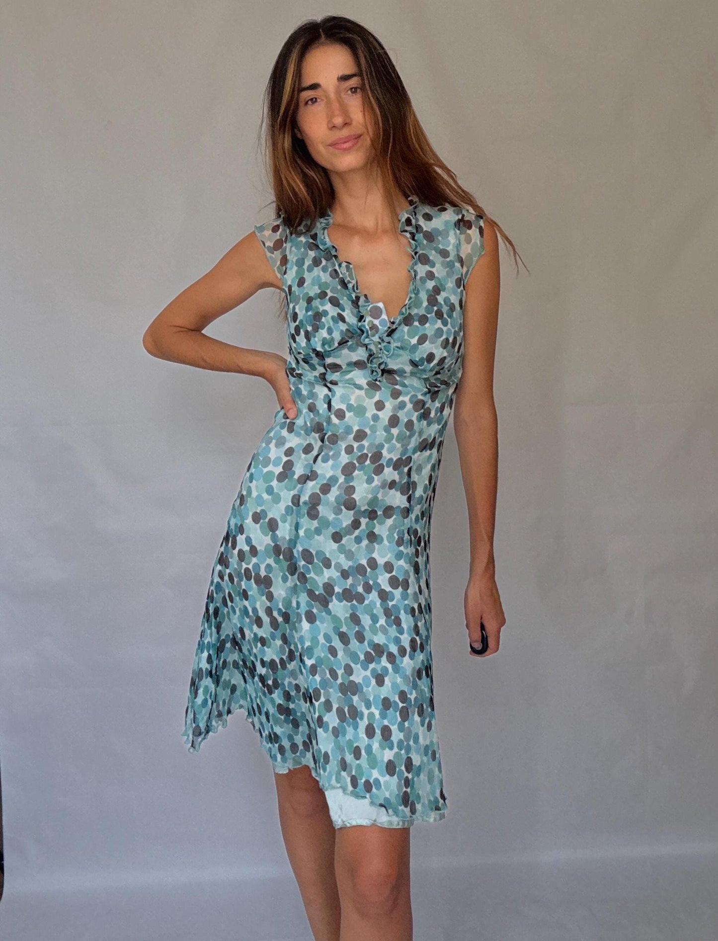 Caroll 100% silk polka dot ruffle neckline summer dress, lightweight blue grey dots, wedding guest outfit, size S