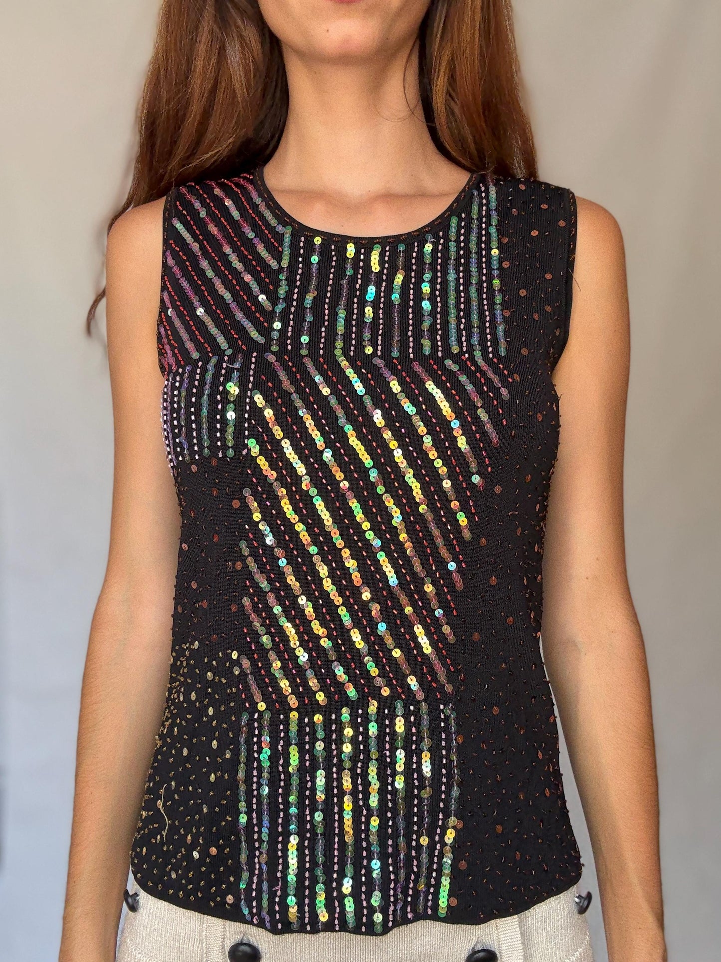 Y2K black sequin sleeveless top – 2000s retro party camisole with glittery geometric design, fun evening outfit – Size UK M/L