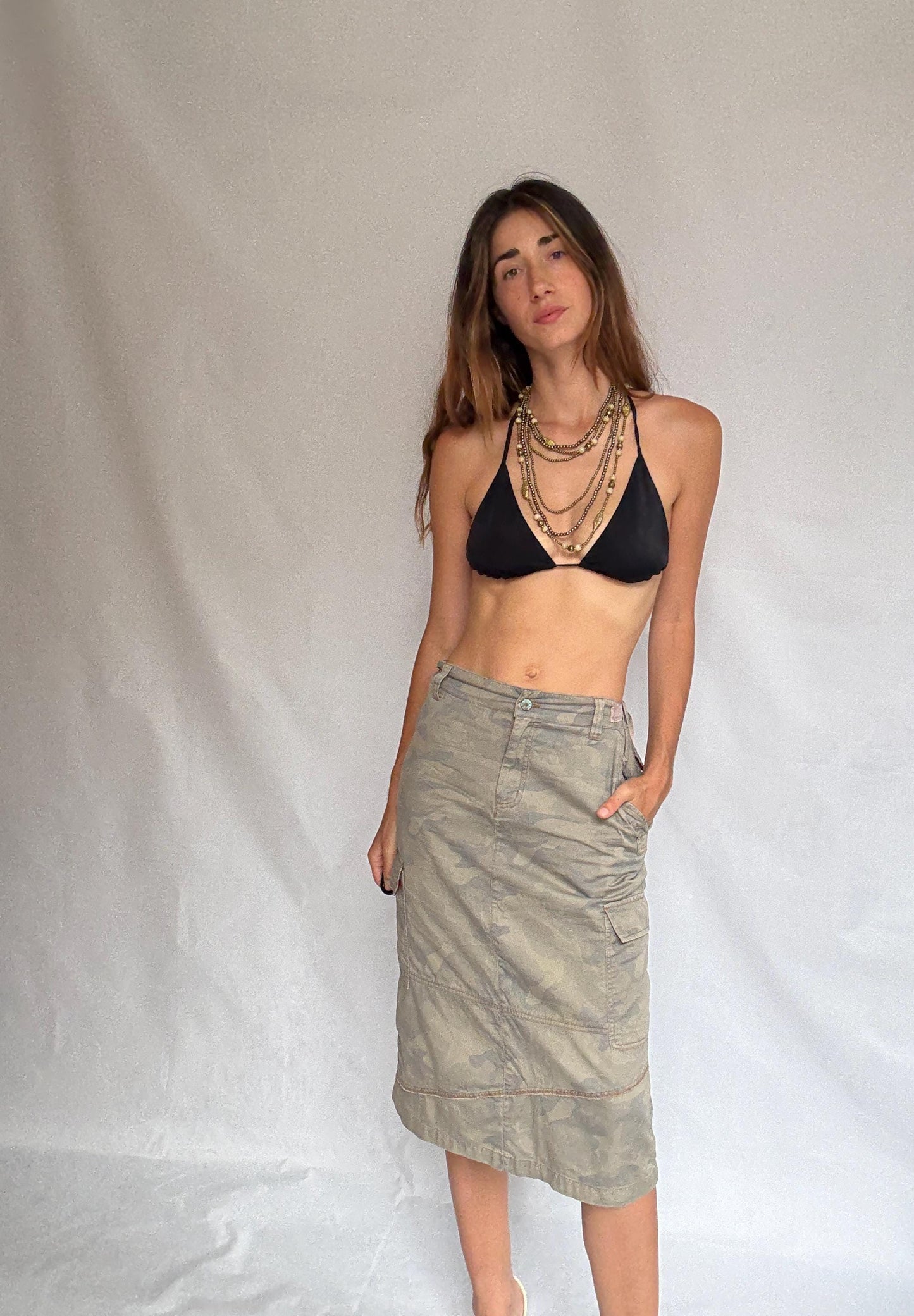 Y2K Army Girl Camo Midi Skirt | Adjustable Waist Cargo Skirt | 2000s Military Style Streetwear | Grunge Utility Skirt in Cotton | S/M