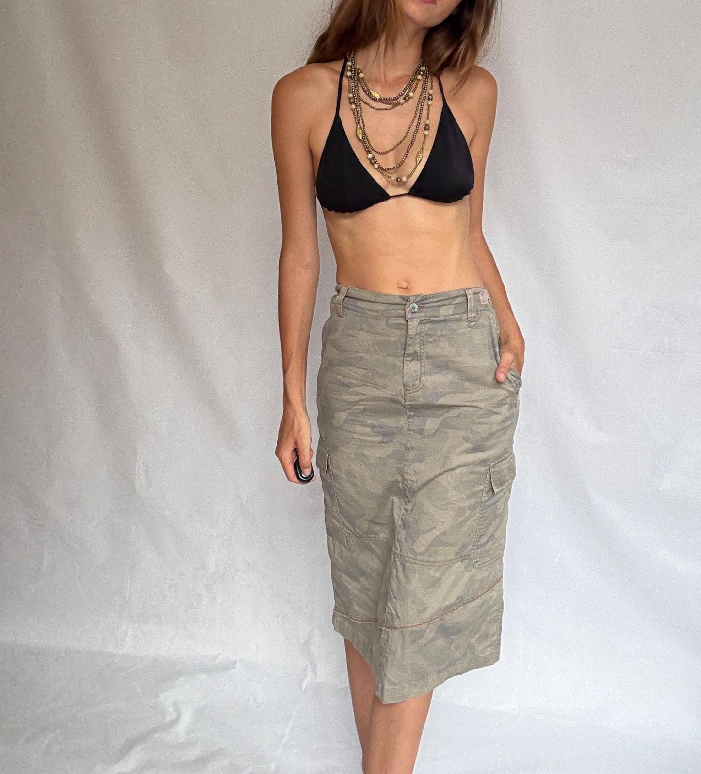 Y2K Army Girl Camo Midi Skirt | Adjustable Waist Cargo Skirt | 2000s Military Style Streetwear | Grunge Utility Skirt in Cotton | S/M