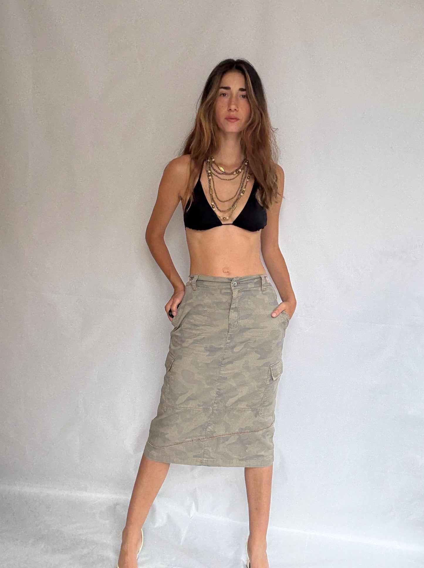 Y2K Army Girl Camo Midi Skirt | Adjustable Waist Cargo Skirt | 2000s Military Style Streetwear | Grunge Utility Skirt in Cotton | S/M