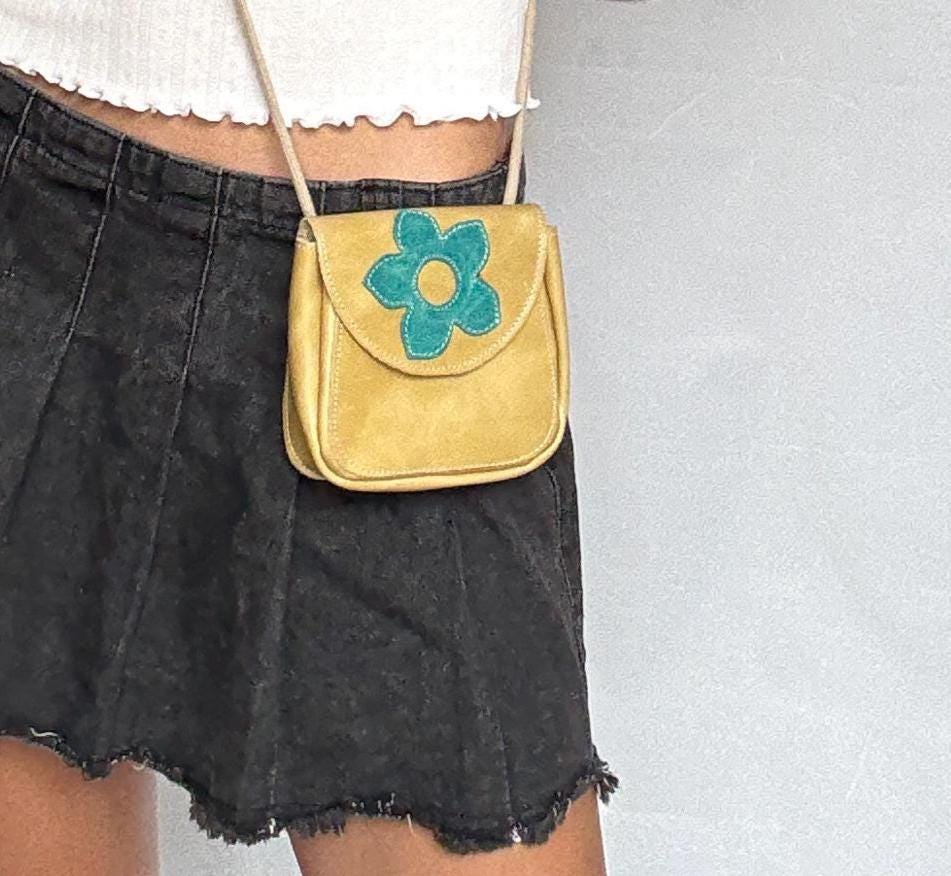 Y2K Yellow Leather Mini Purse | Festival Crossbody Pouch with Blue Flower | Retro 2000s Revival Bag
