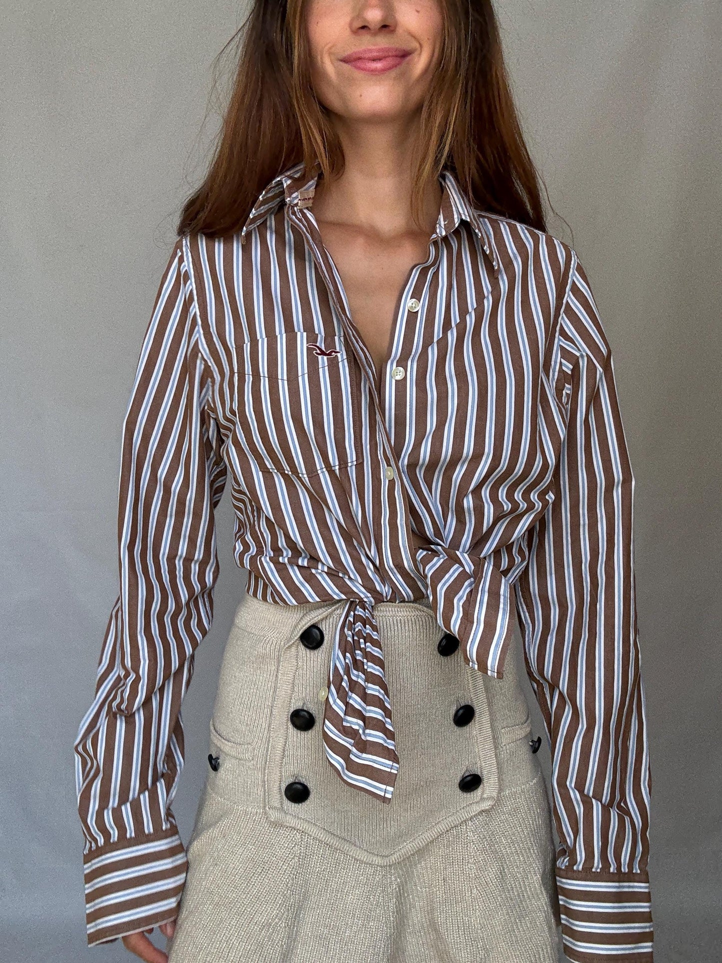 Boyfriend button up shirt, Hollister California Striped Cotton Shirt | Brown Blue White | Size S Menswear | Oversized Boyfriend Unisex Fit