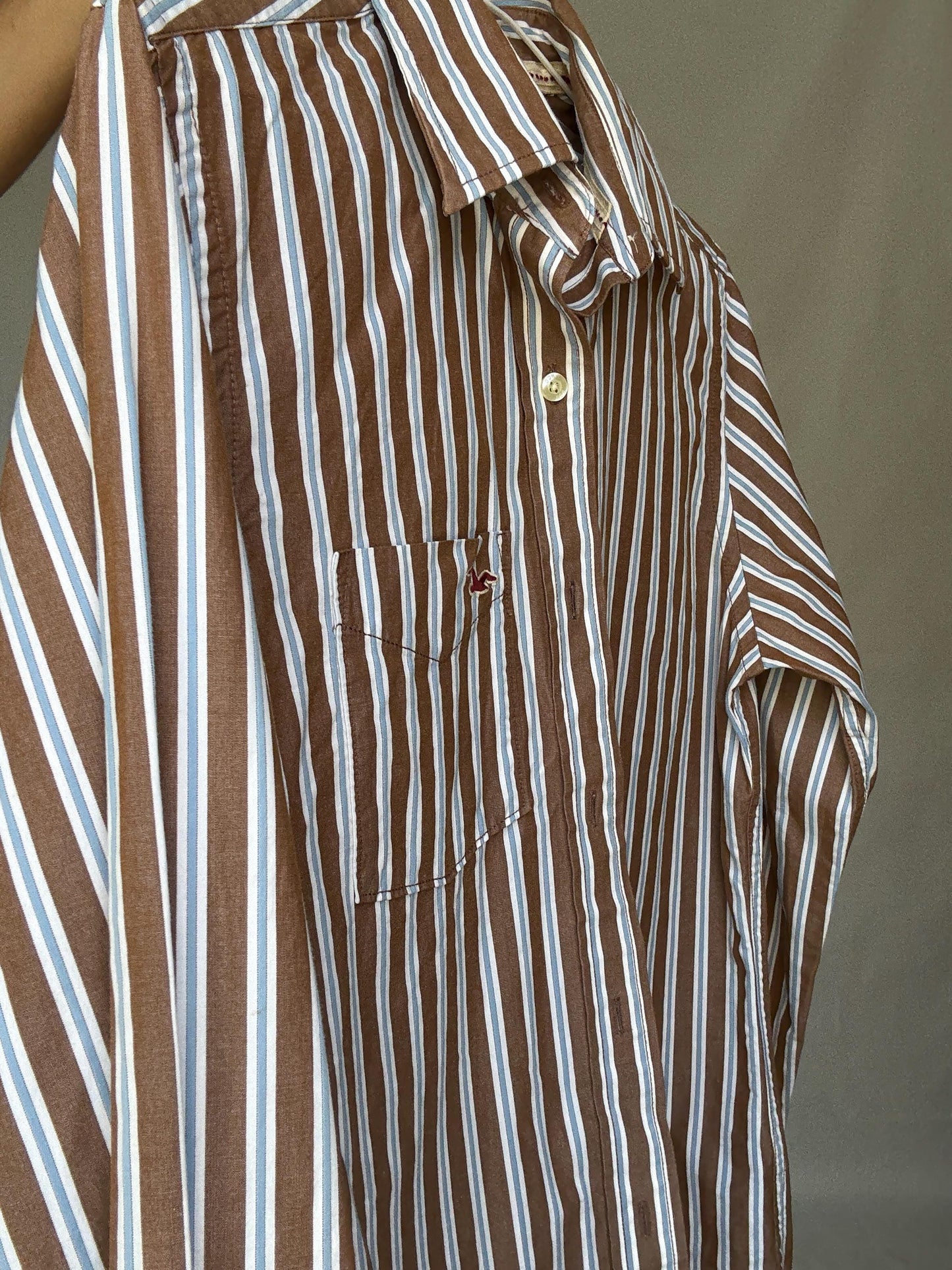 Boyfriend button up shirt, Hollister California Striped Cotton Shirt | Brown Blue White | Size S Menswear | Oversized Boyfriend Unisex Fit