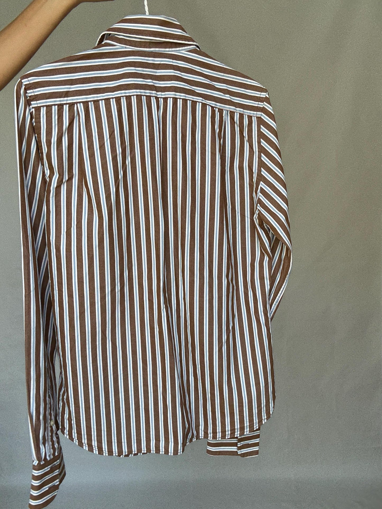 Boyfriend button up shirt, Hollister California Striped Cotton Shirt | Brown Blue White | Size S Menswear | Oversized Boyfriend Unisex Fit