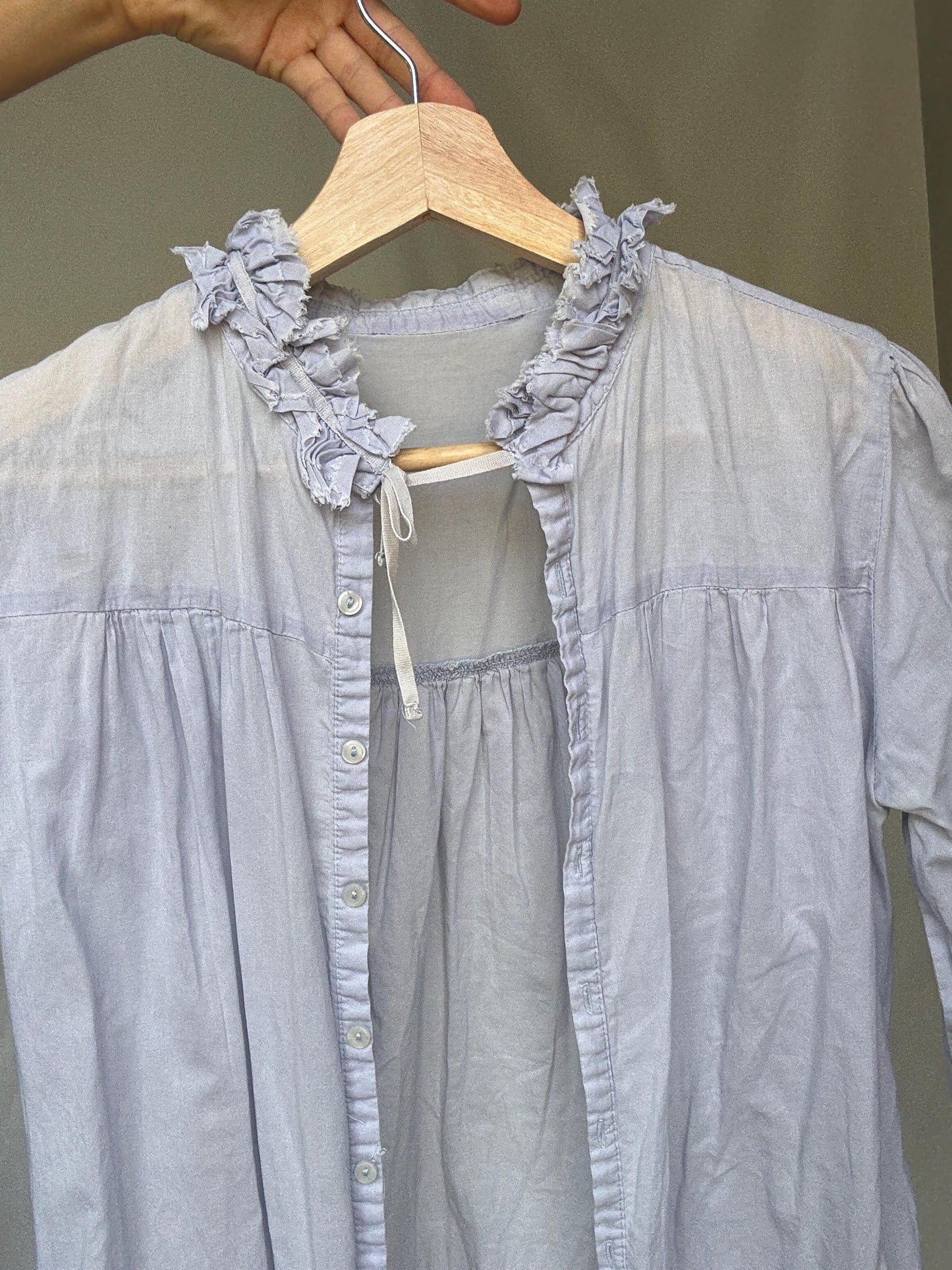Light blue sheer cotton blouse | tie neckline ruffle detail | summer lightweight shirt | romantic feminine style secondhand top
