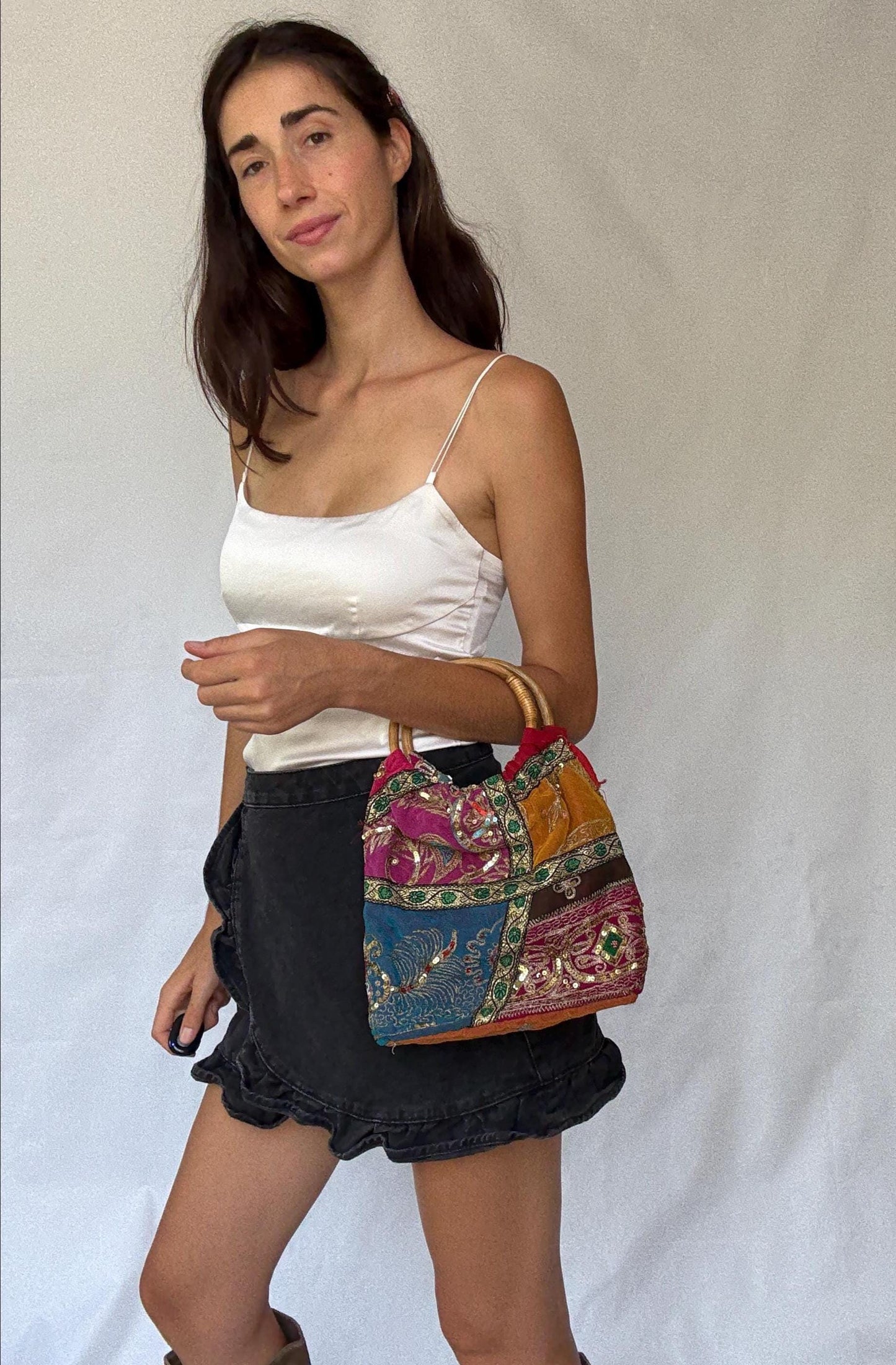Colorful boho sequin handbag | bamboo top handle festival purse | embroidered patchwork bag | summer gypsy hippie style accessory