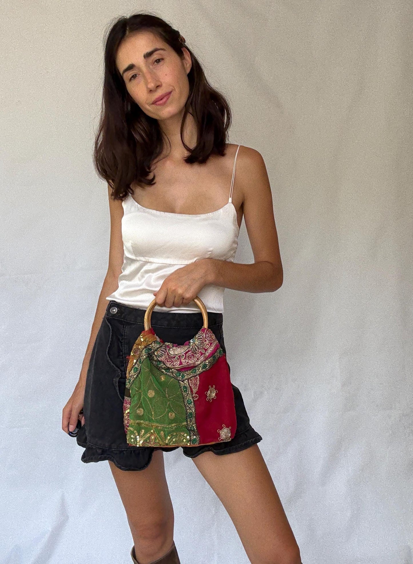 Colorful boho sequin handbag | bamboo top handle festival purse | embroidered patchwork bag | summer gypsy hippie style accessory