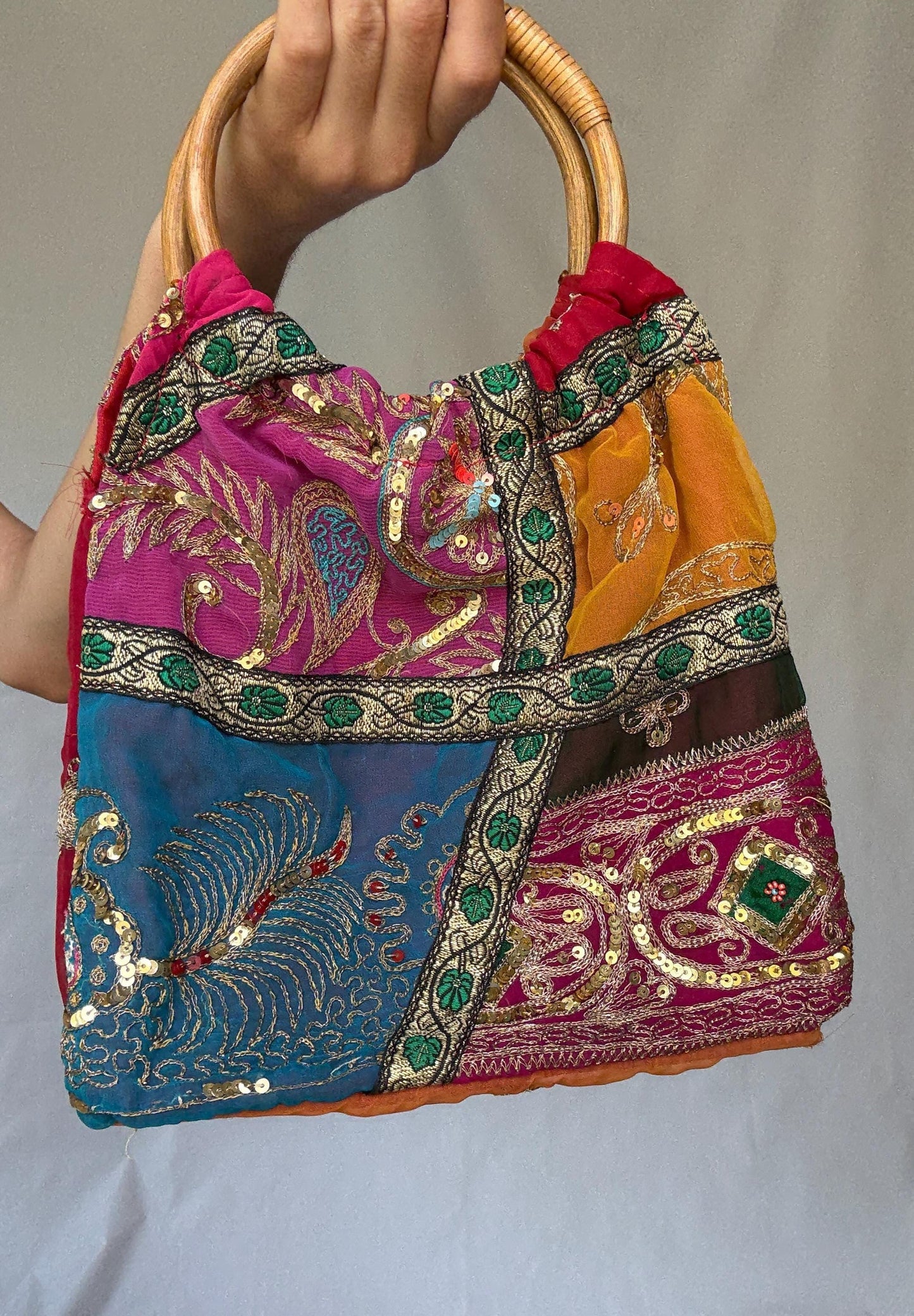 Colorful boho sequin handbag | bamboo top handle festival purse | embroidered patchwork bag | summer gypsy hippie style accessory