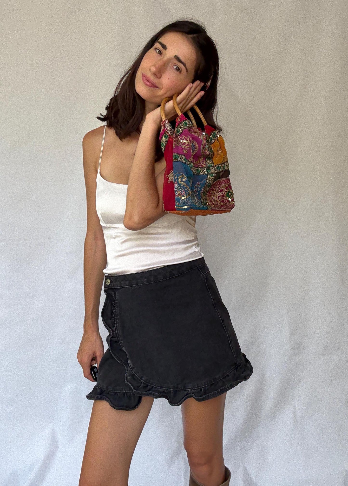 Colorful boho sequin handbag | bamboo top handle festival purse | embroidered patchwork bag | summer gypsy hippie style accessory