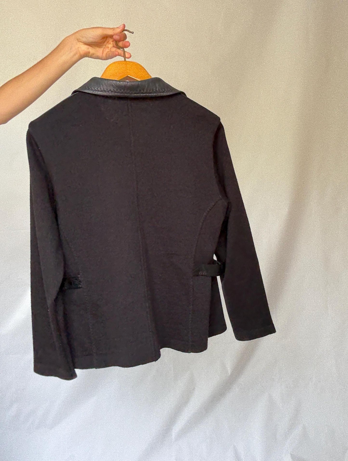 Luxury black leather and wool blend jacket, vintage minimalist style, high quality secondhand outerwear