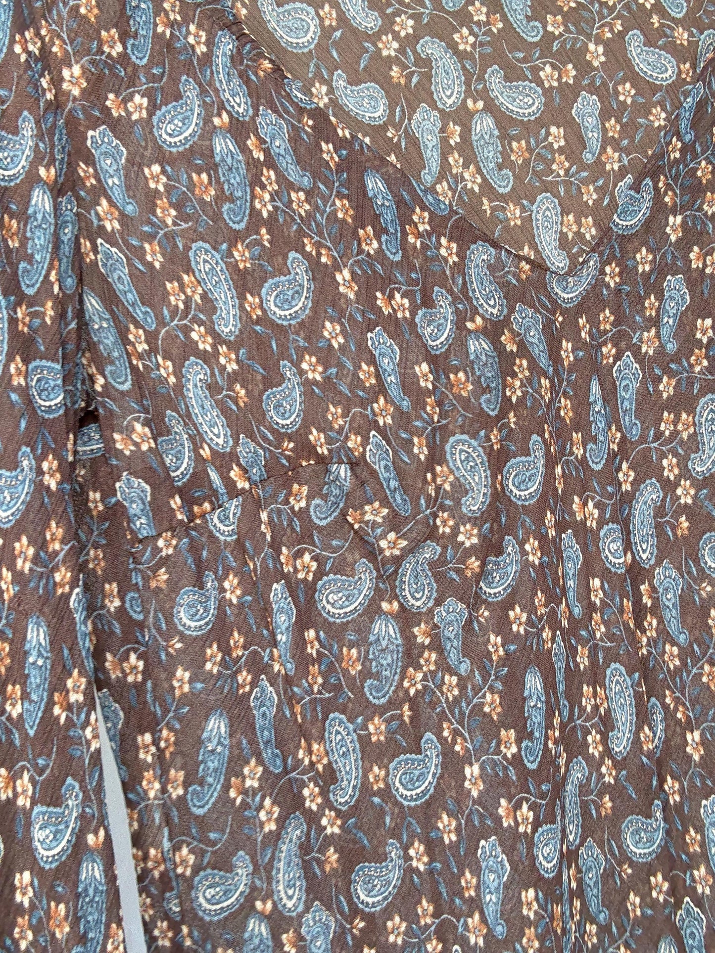 Sheer brown paisley floral blouse | 100% viscose long sleeve tie front top, 90s boho indie style, Made in Spain romantic shirt