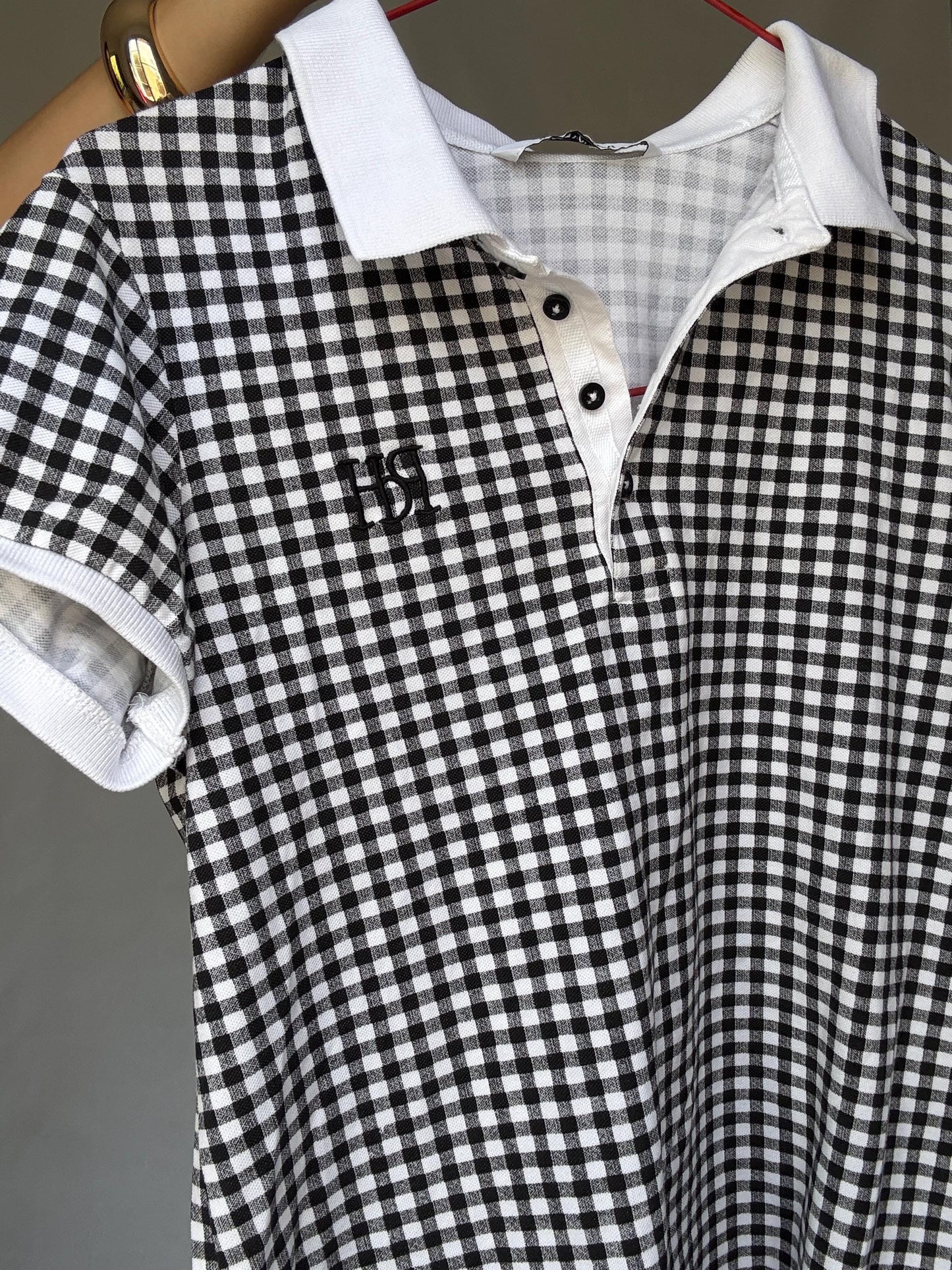 Pedro del Hierro black gingham stretch cotton polo shirt – retro 00s prep school aesthetic – short sleeve fitted top US XS