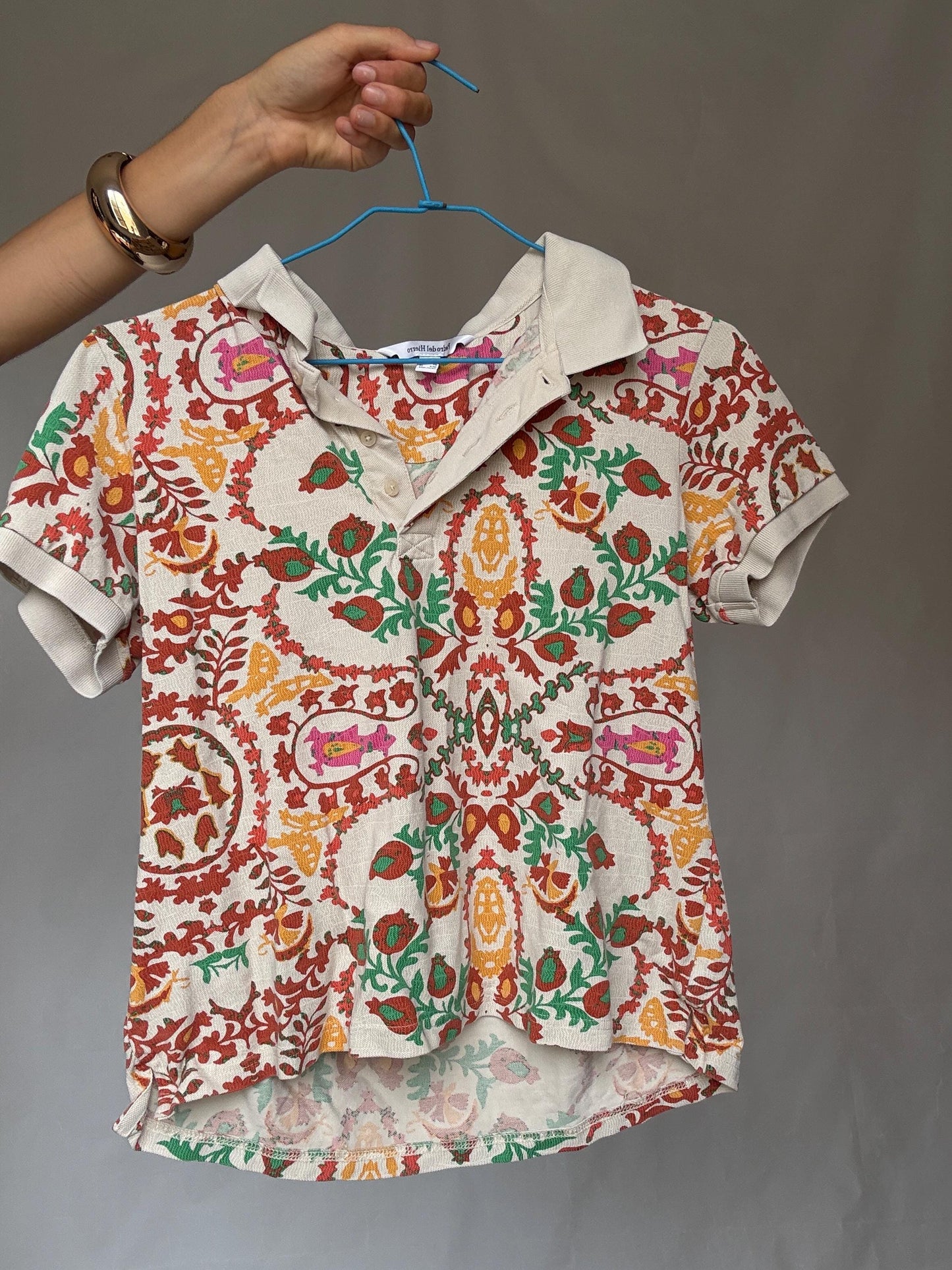 Pedro del Hierro colourful polo shirt, patterned short sleeve top, Luxury Spanish designer clothing, size S