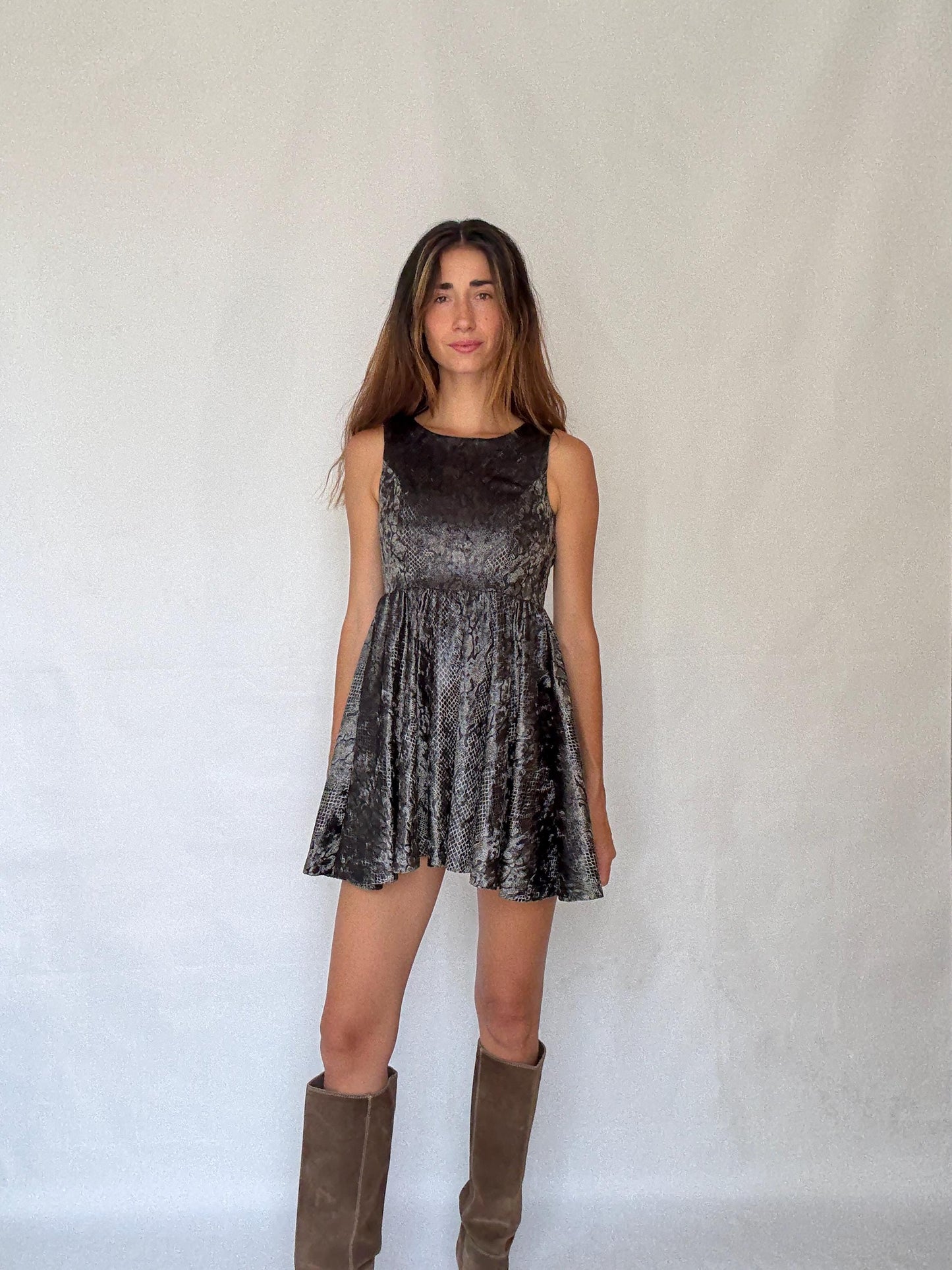 Y2K Snakeskin Velvet Mini Dress – Shiny Sleeveless Grunge Party Fit, Grey & Black Animal Print, Small Size, Alt Petite Glam Style