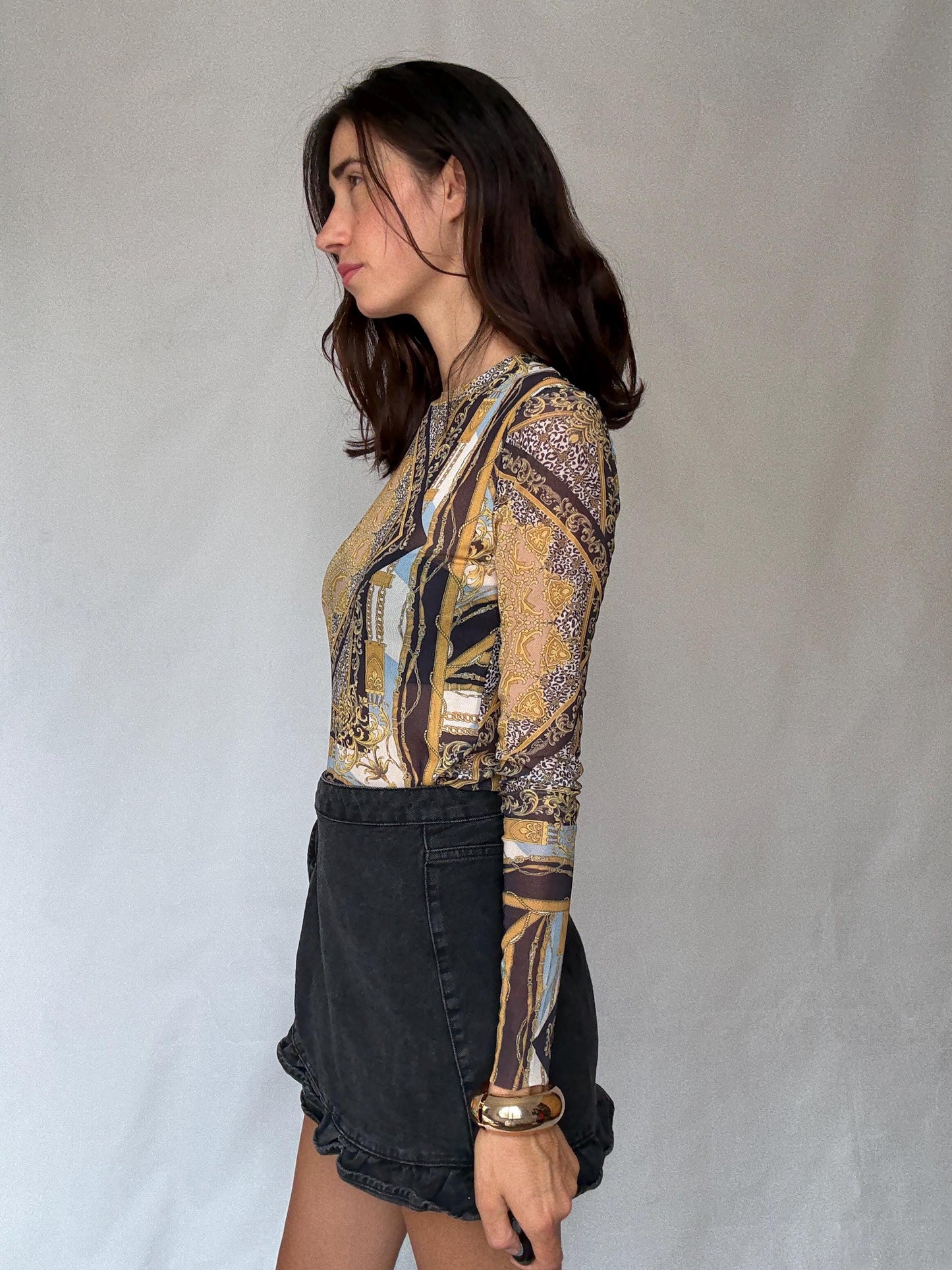 Y2K sheer baroque print mesh long sleeve women’s top – gold black blue vintage style (US S-M fit)