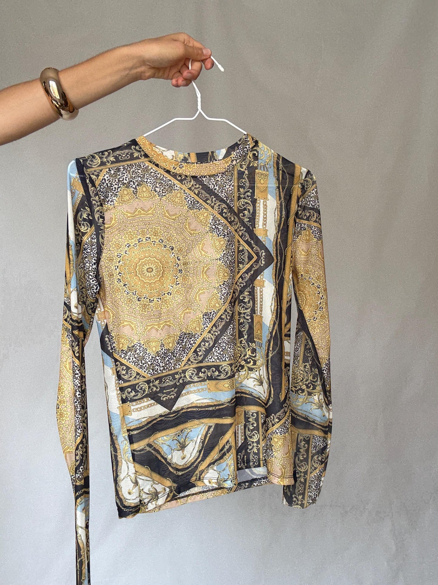 Y2K sheer baroque print mesh long sleeve women’s top – gold black blue vintage style (US S-M fit)