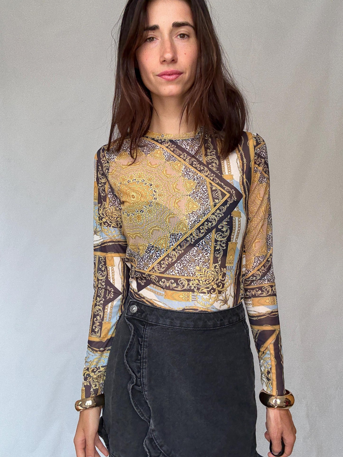 Y2K sheer baroque print mesh long sleeve women’s top – gold black blue vintage style (US S-M fit)