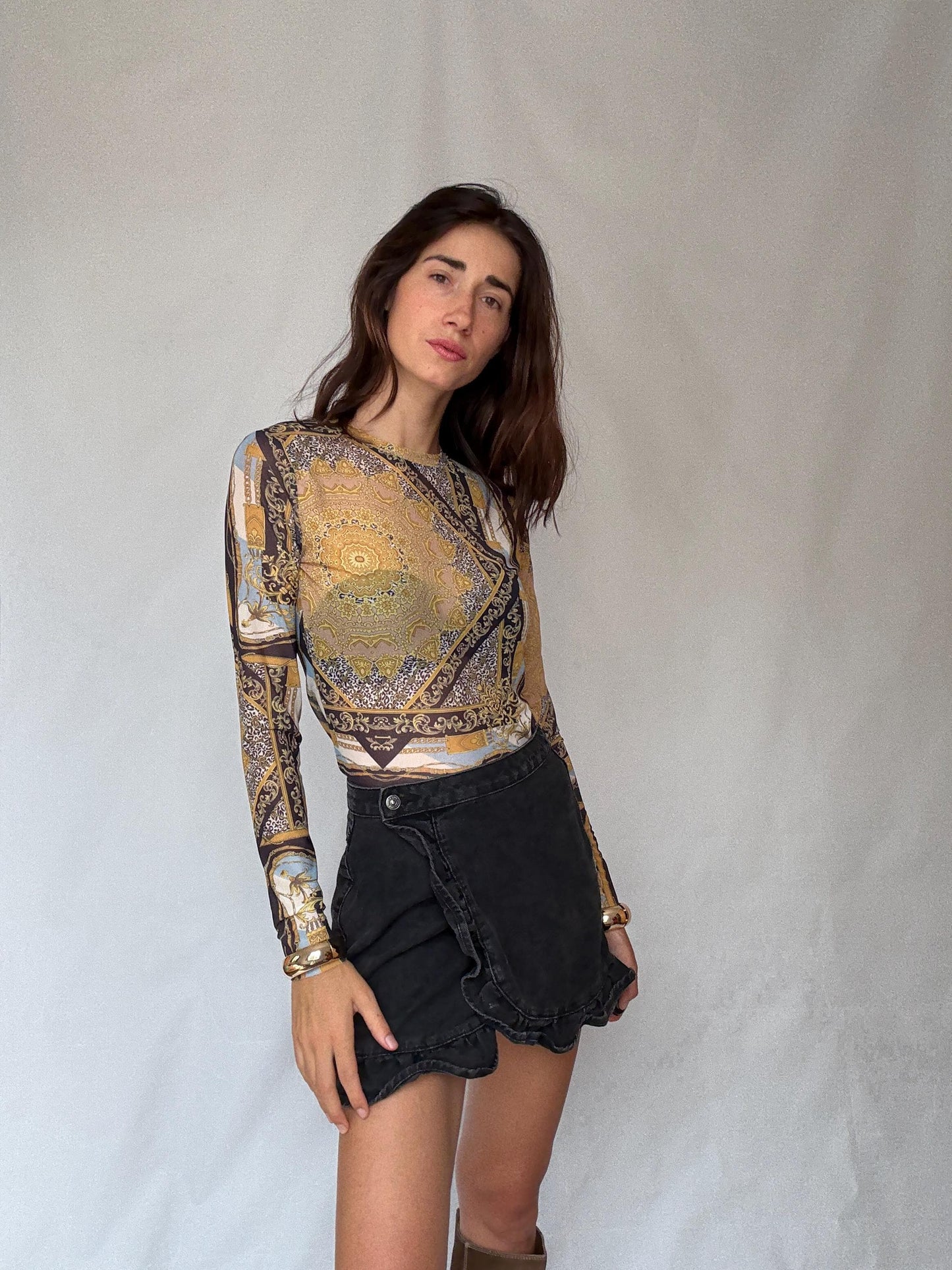 Y2K sheer baroque print mesh long sleeve women’s top – gold black blue vintage style (US S-M fit)